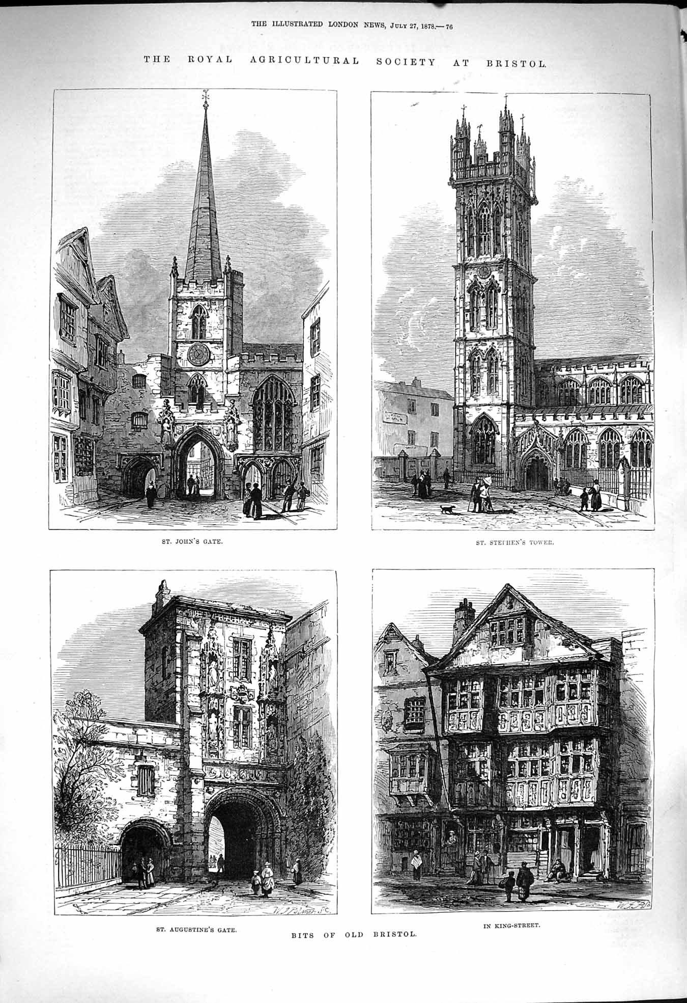 Old Antique Print 1878 Bristol John'S Gate Stephen'S Tower Augustine King 19th
