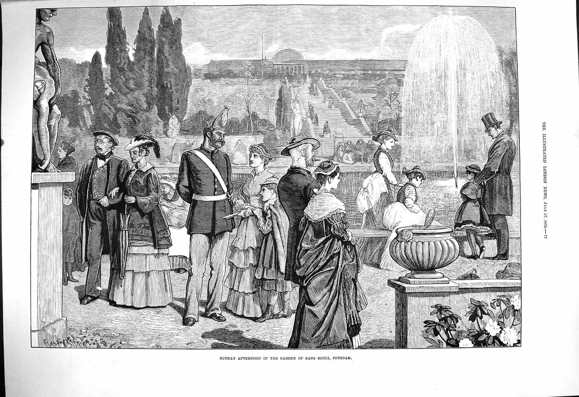 Original Old Antique Print 1878 Sunday Afternoon Gardens Sans Souci Potsdam