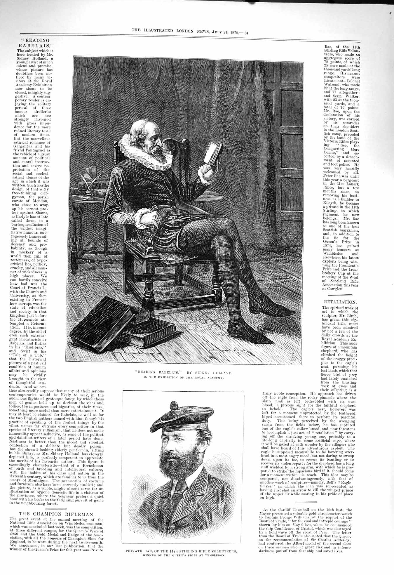 Old Antique Print 1878 Reading Rabelais Private Rae Stirling Rifle Army 19th