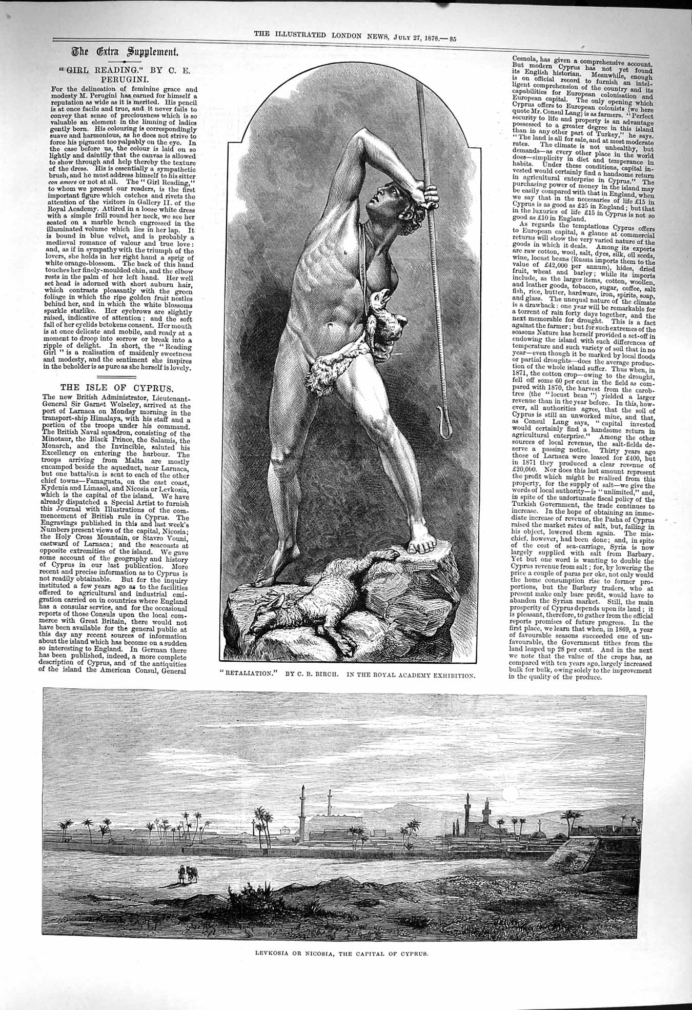 Old Antique Print 1878 Retaliation Statue Birch Levkosia Nicosia Cyprus 19th