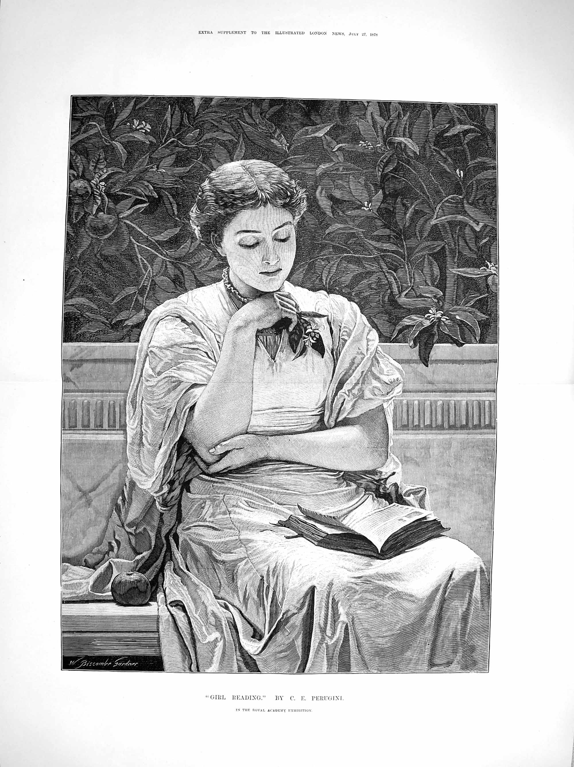 Original Old Antique Print 1878 Portrait Girl Reading Book Perugini Art 0 19th