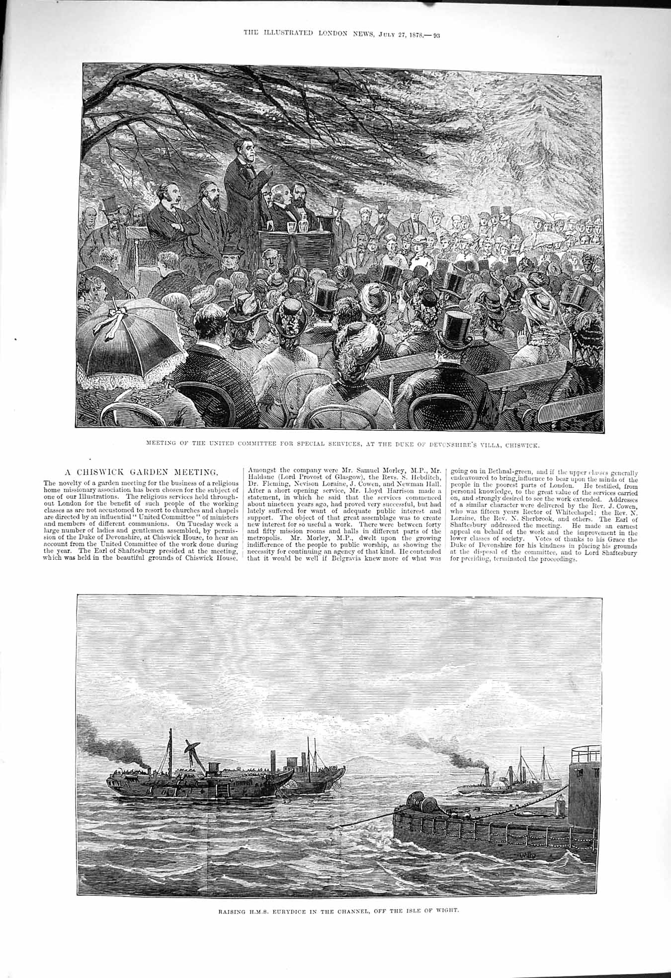 Old Antique Print 1878 Raising H.M.S. Ship Eurydice Isle Wight Chiswick 19th