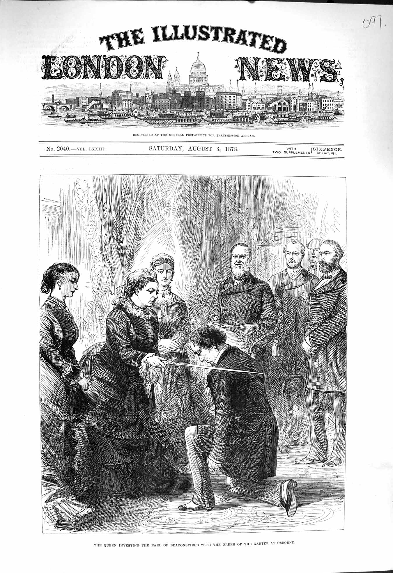 Original Old Antique Print 1878 Queen Earl Beaconsfield Order Garter Osborne
