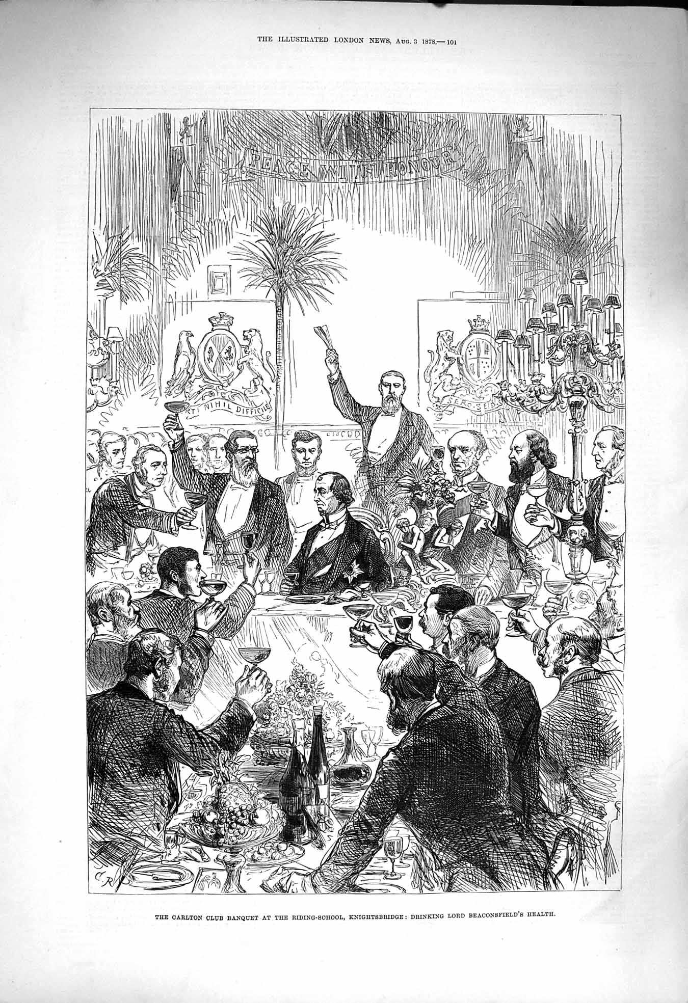 Original Old Antique Print 1878 Carlton Club Banquet Knightsbridge Beaconsfield