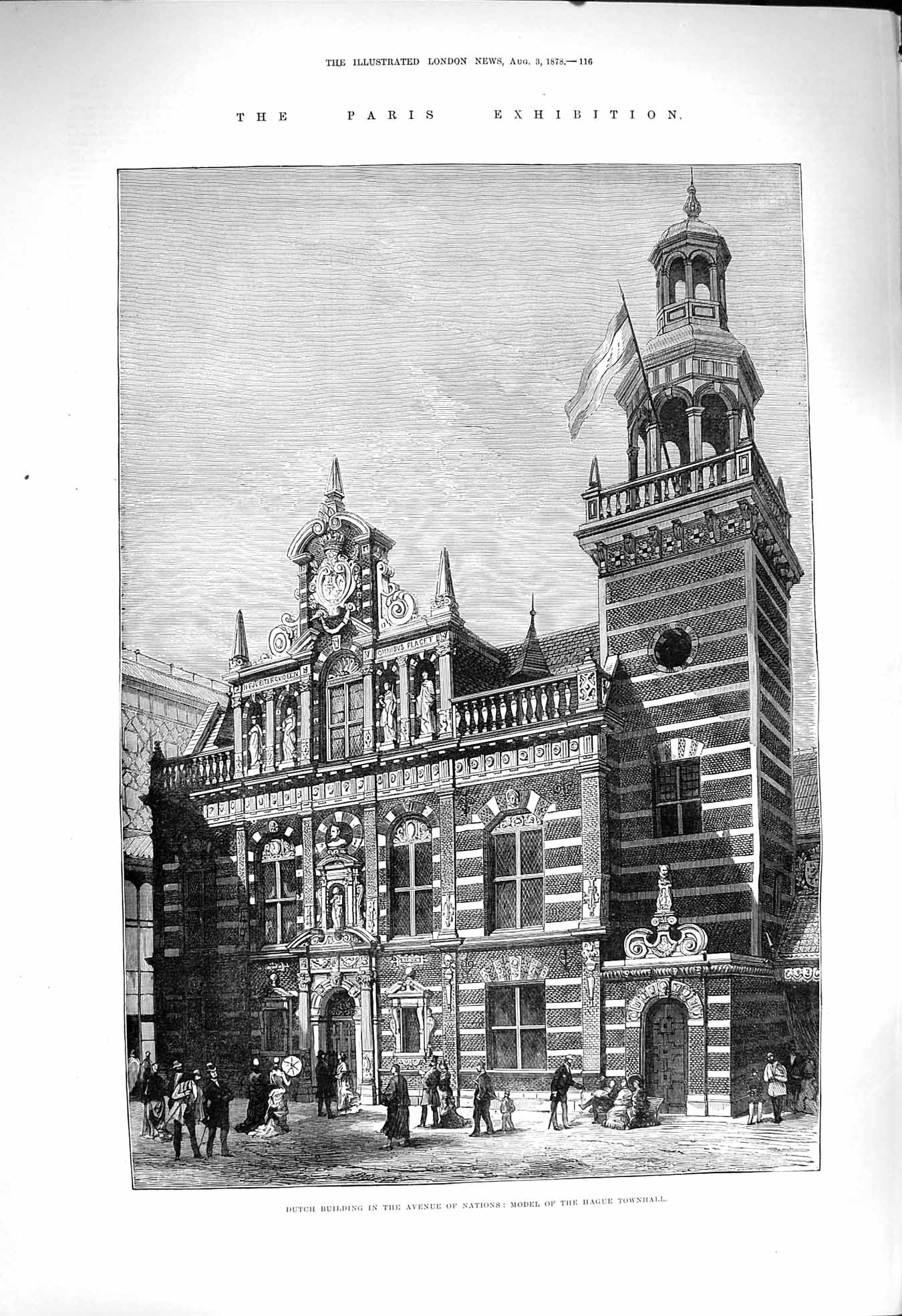 Original Old Antique Print 1878 Dutch Building Paris Exhibition Hague Krnatz