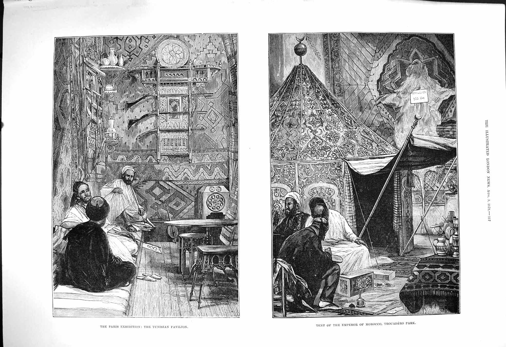 Old Antique Print 1878 Tunisian Pavilion Tent Emperor Morocco Trocadero 19th