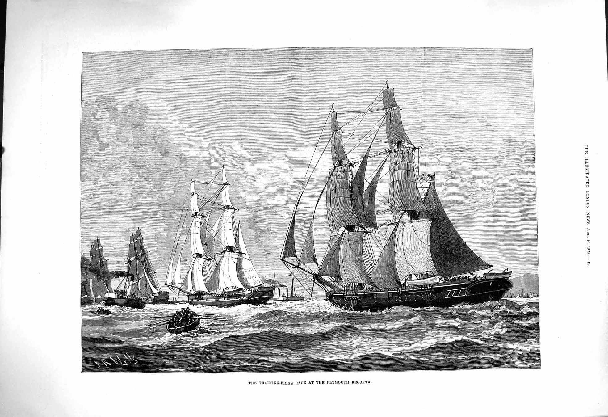 Original Old Antique Print 1878 Training-Brigs Race Plymouth Regatta Boats 19th