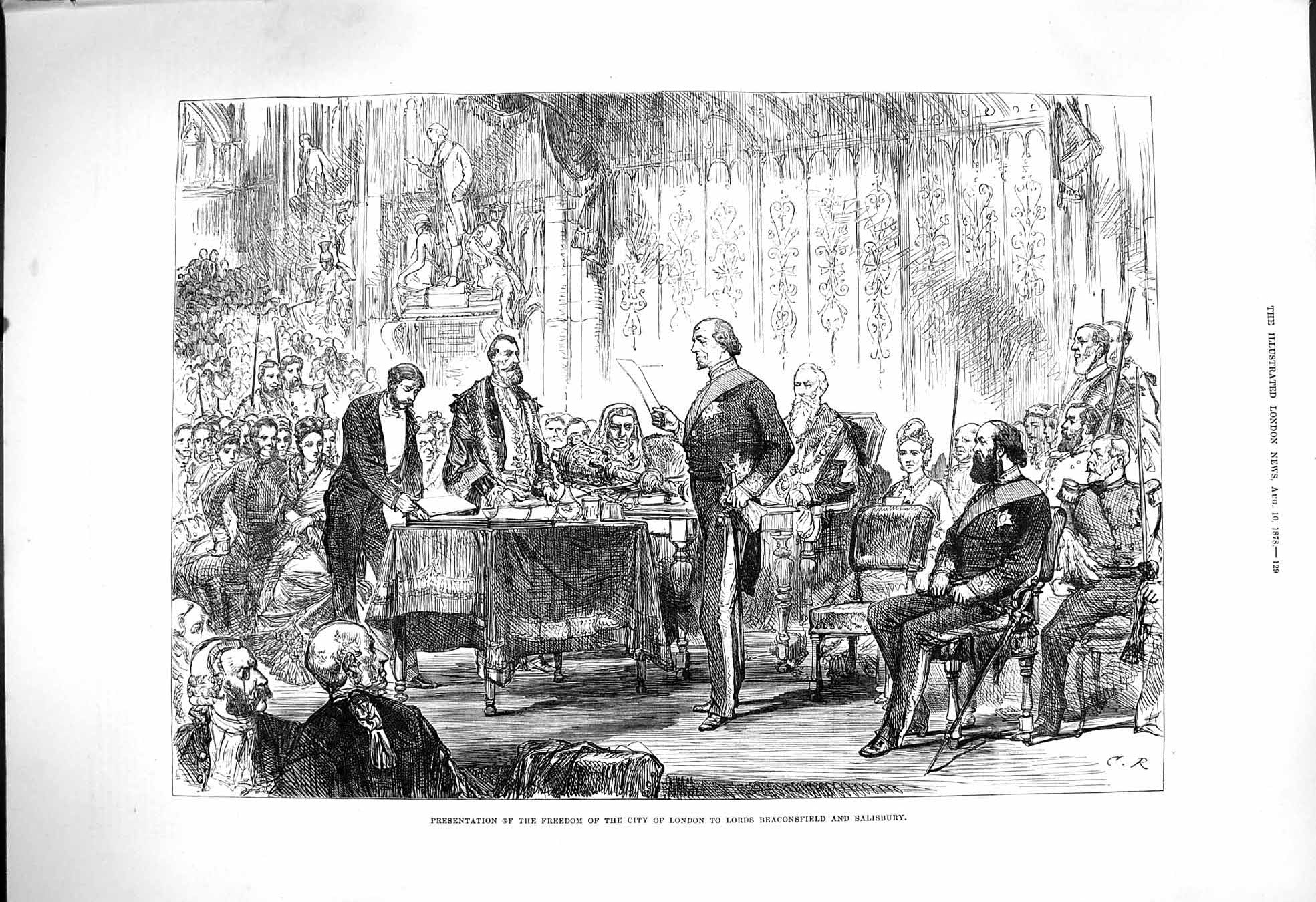 Original Old Antique Print 1878 Freedom City London Lord Beaconsfield Salisbury