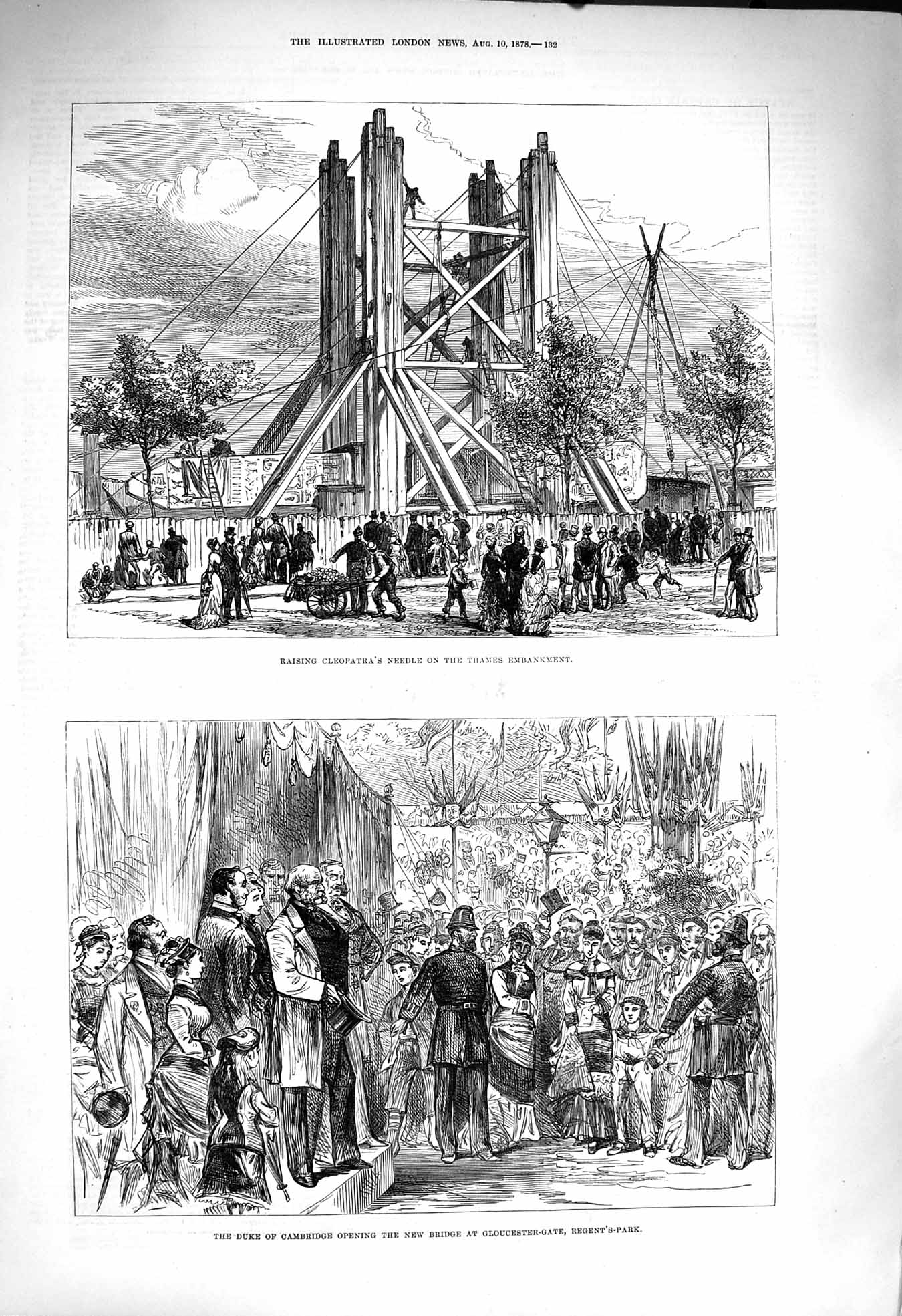Original Old Antique Print 1878 Cleopatra'S Needle Thames Duke Cambridge Bridge
