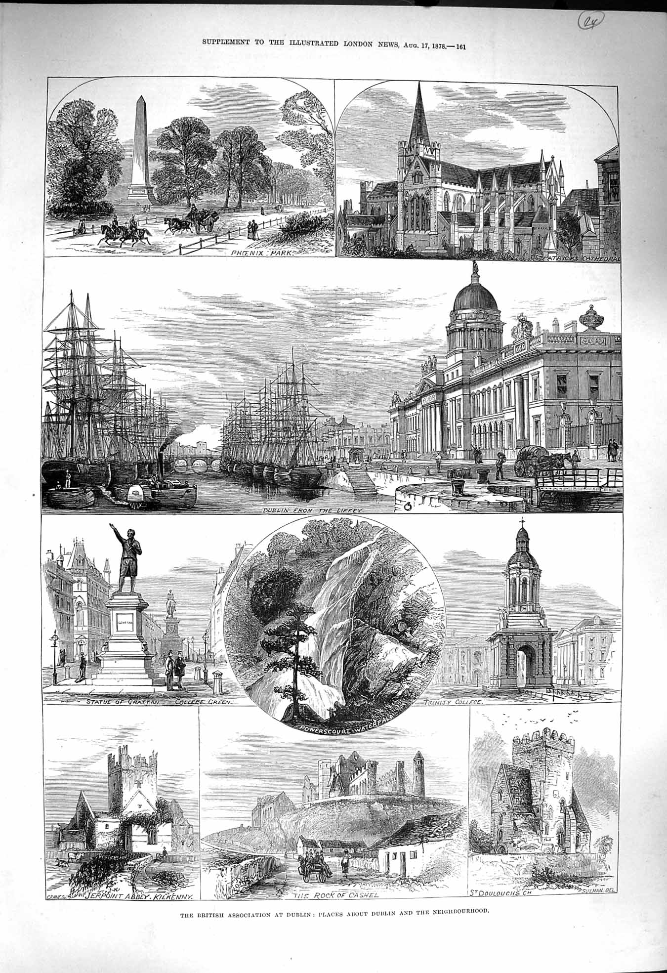 Old Antique Print 1878 Budlin Ireland Cashel Ships Phoenix Park Trinity 19th