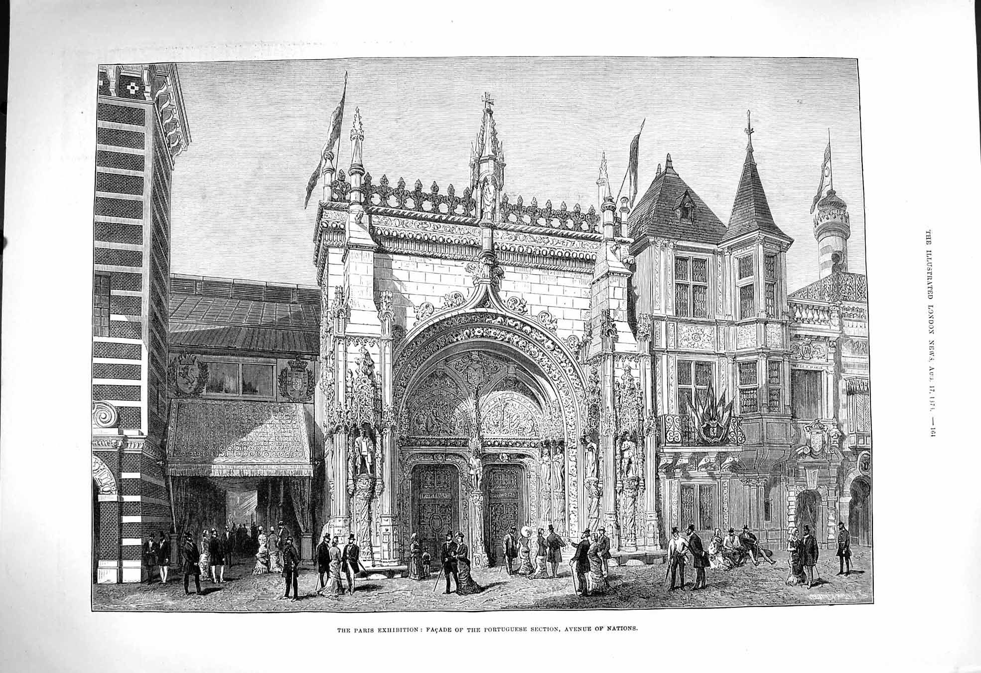 Original Old Antique Print 1878 Faáade Portuguese Section Avenue Nations Paris