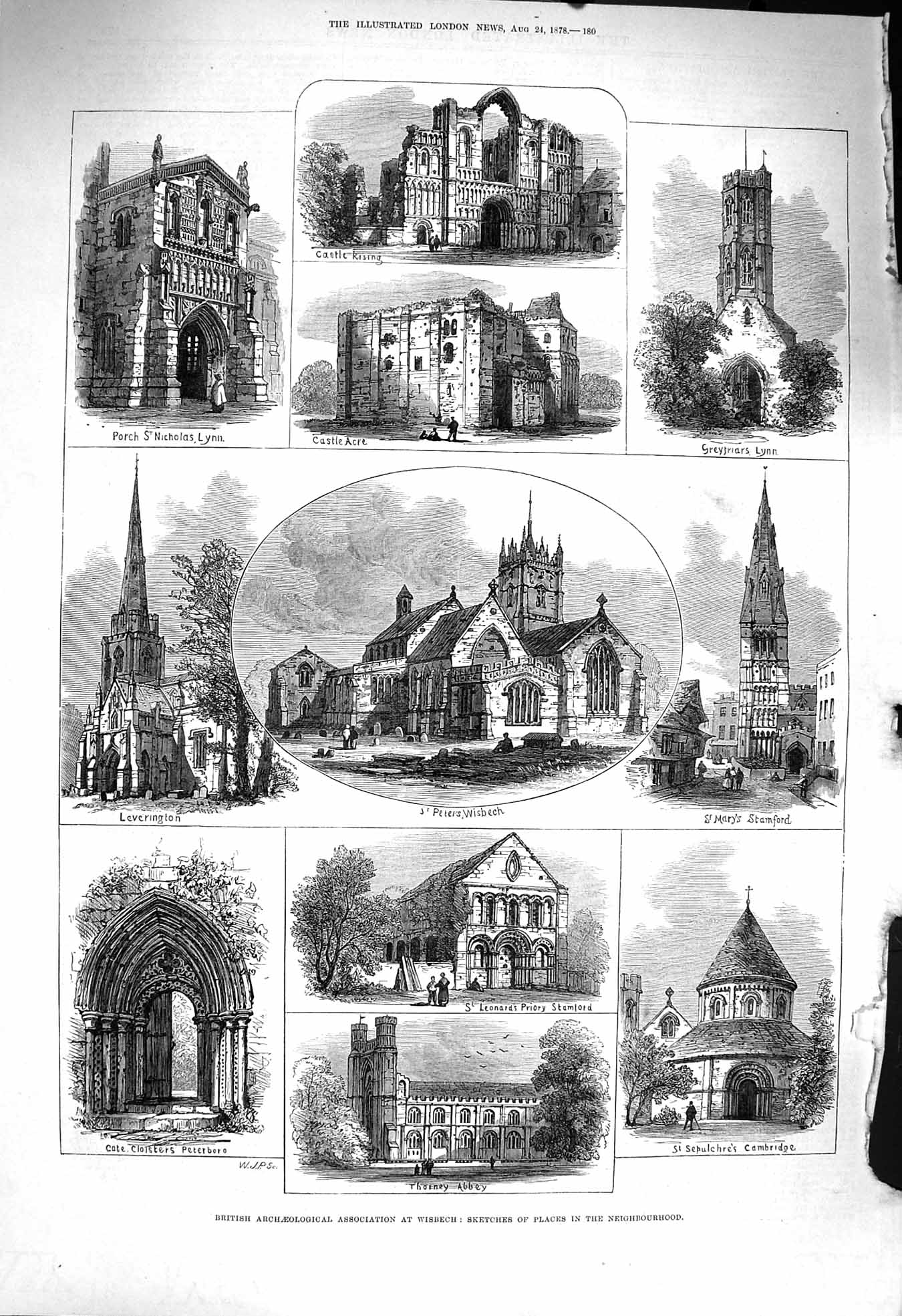 Old Antique Print 1878 Wisbech Thorney Abbey Peter'S Church Castle Lynn 19th
