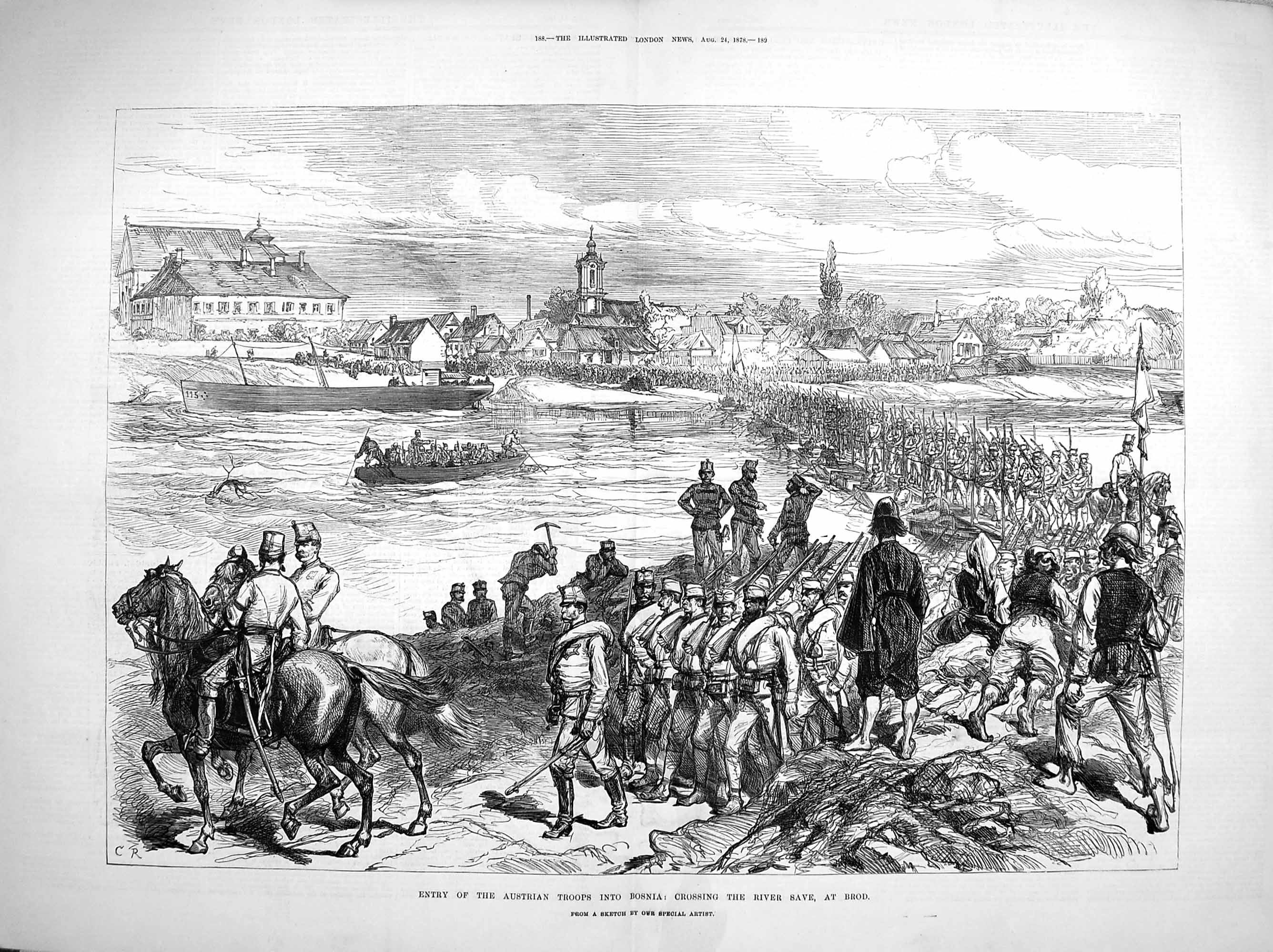 Old Antique Print 1878 Entry Austrian Troops Bosnia River Save Brod War 19th