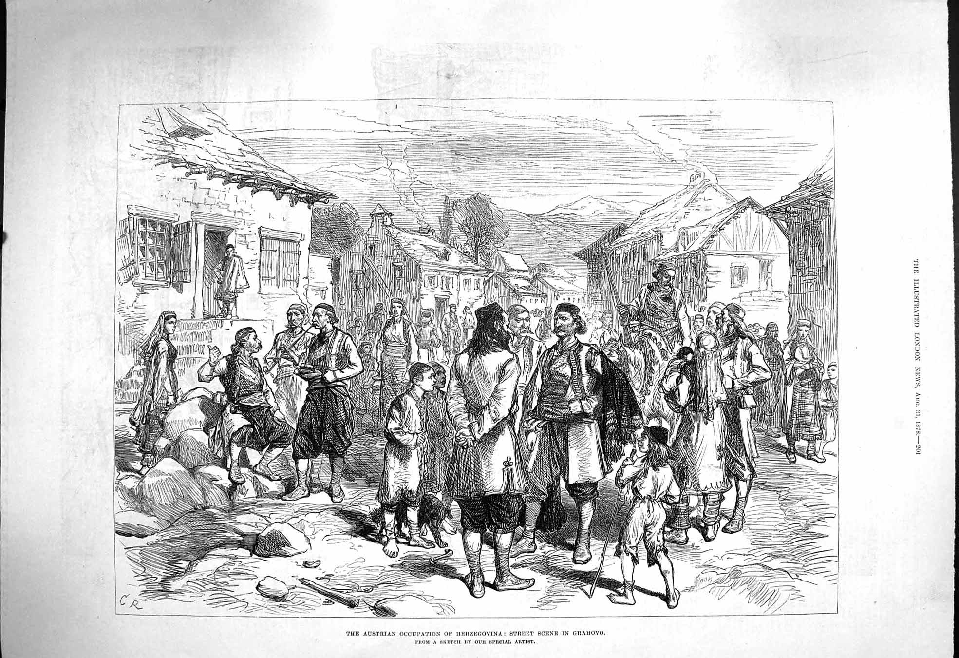 Original Old Antique Print 1878 Austrian Occupation Herzegovina Grahovo Army