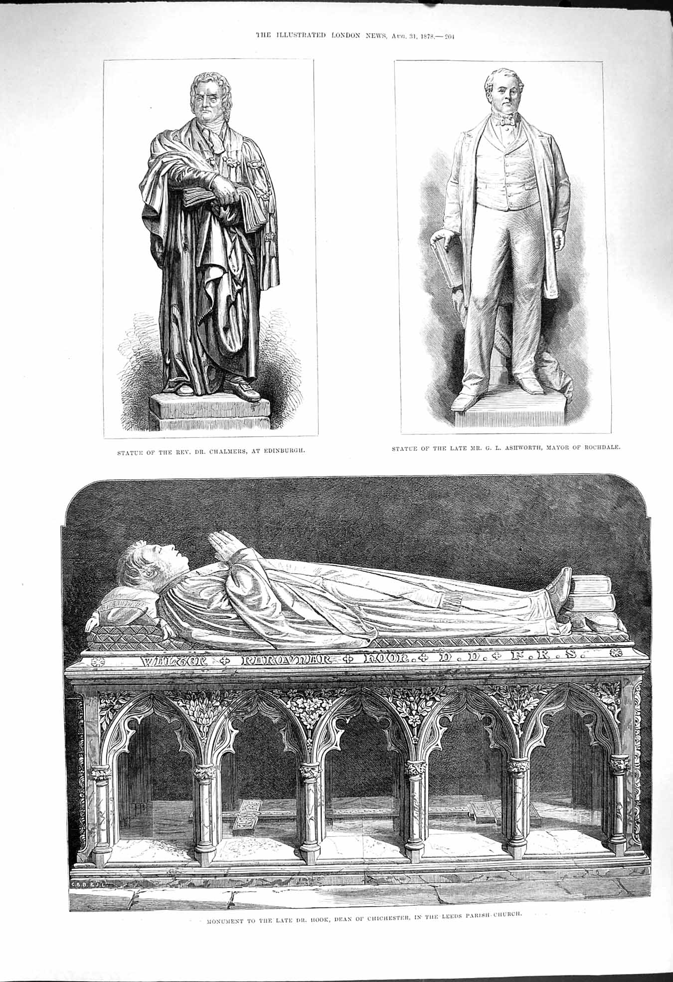 Original Old Antique Print 1878 Statue Chalmers Ashworth Monument Hook Church