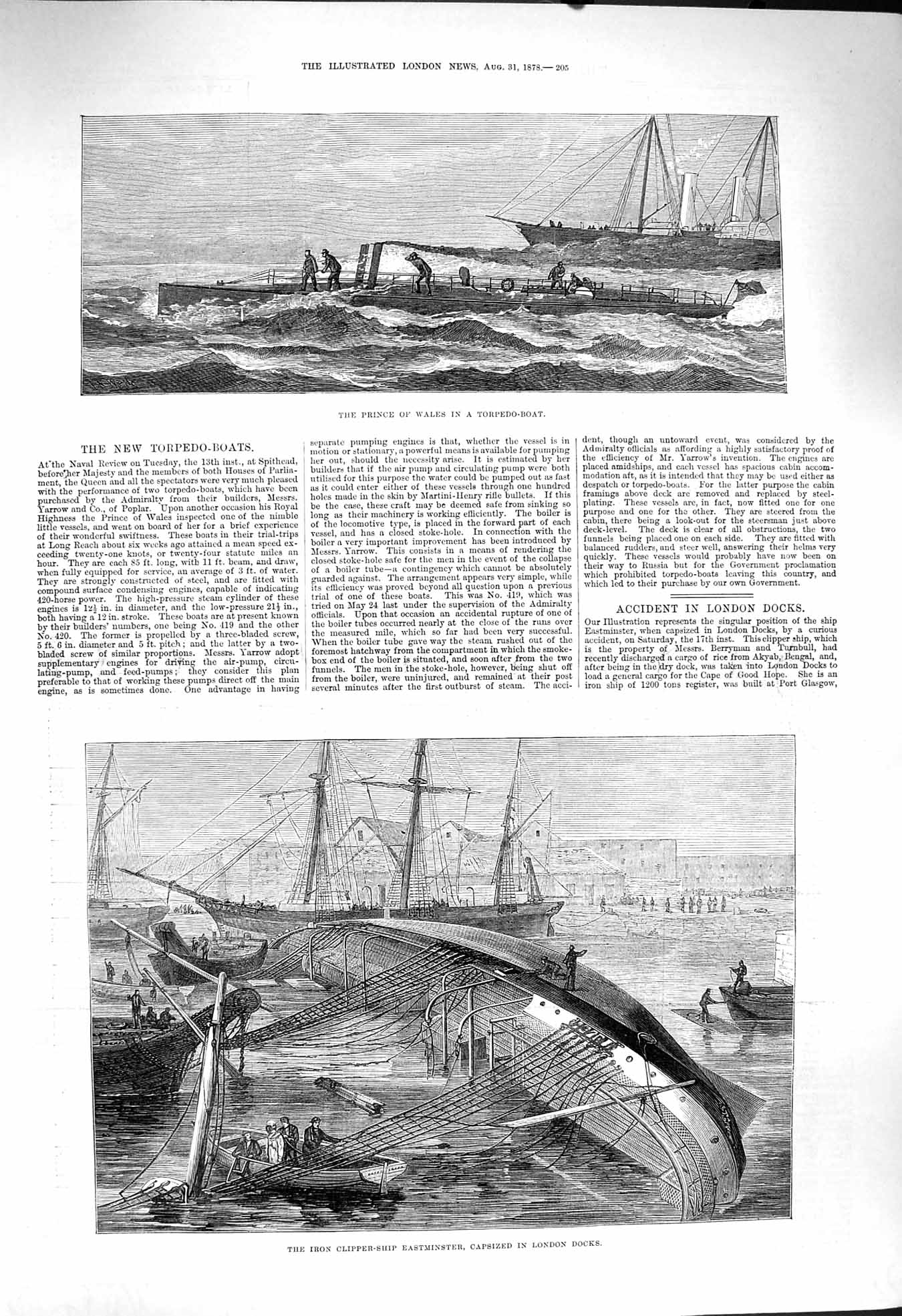 Old Antique Print 1878 Prince Wales Torpedo Boat Clipper Ship Eastminster 19th