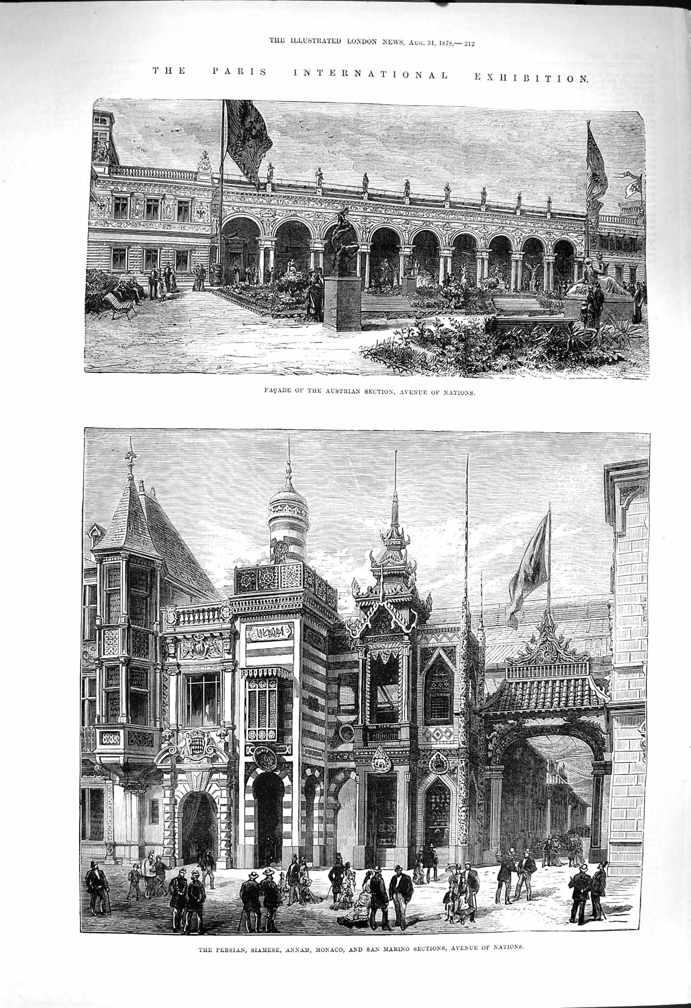 Original Old Antique Print 1878 Faáade Austrian Persian Monaco Paris Exhibition