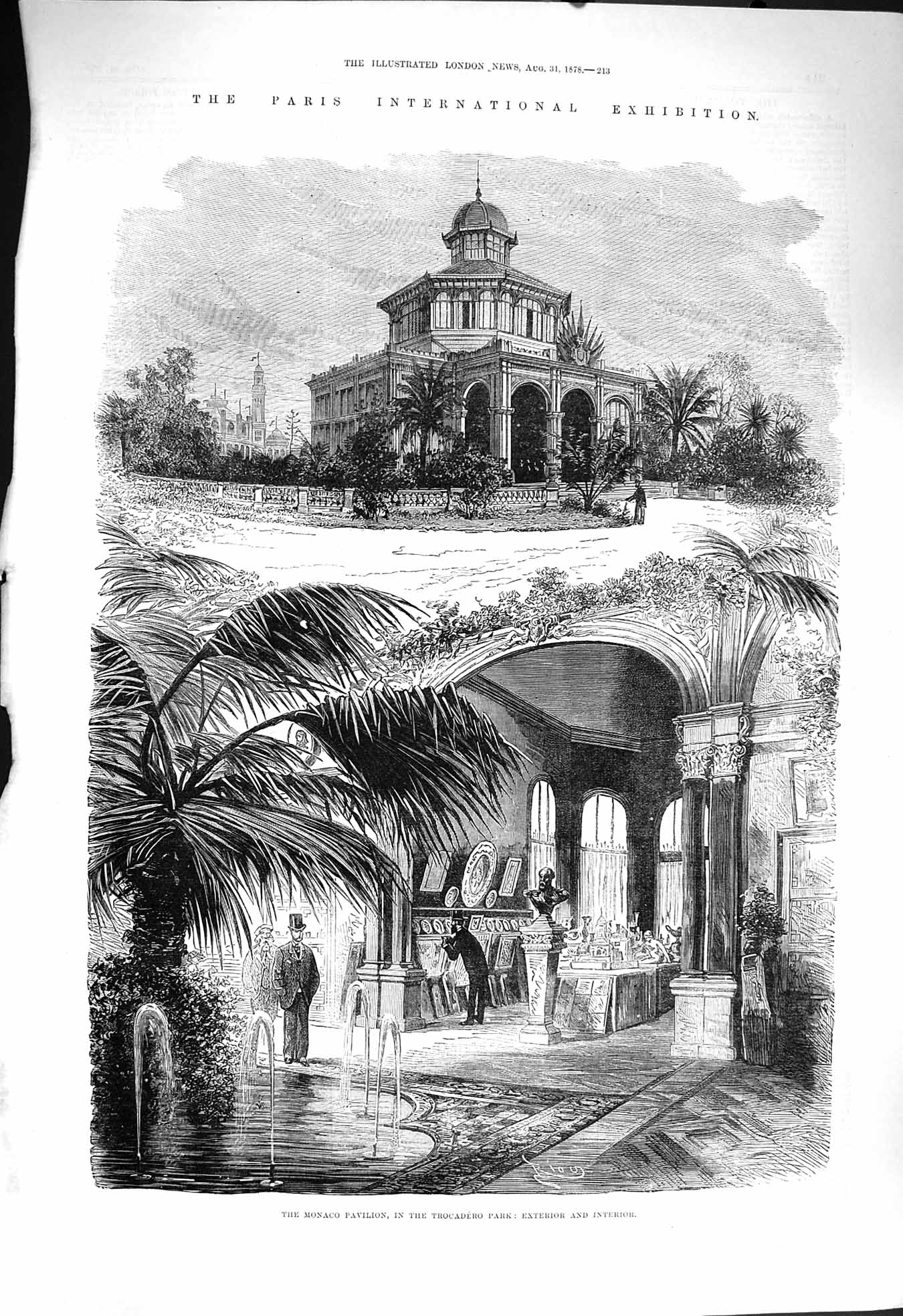 Original Old Antique Print 1878 Monaco Pavilion Trocadero Park Paris Exhibition