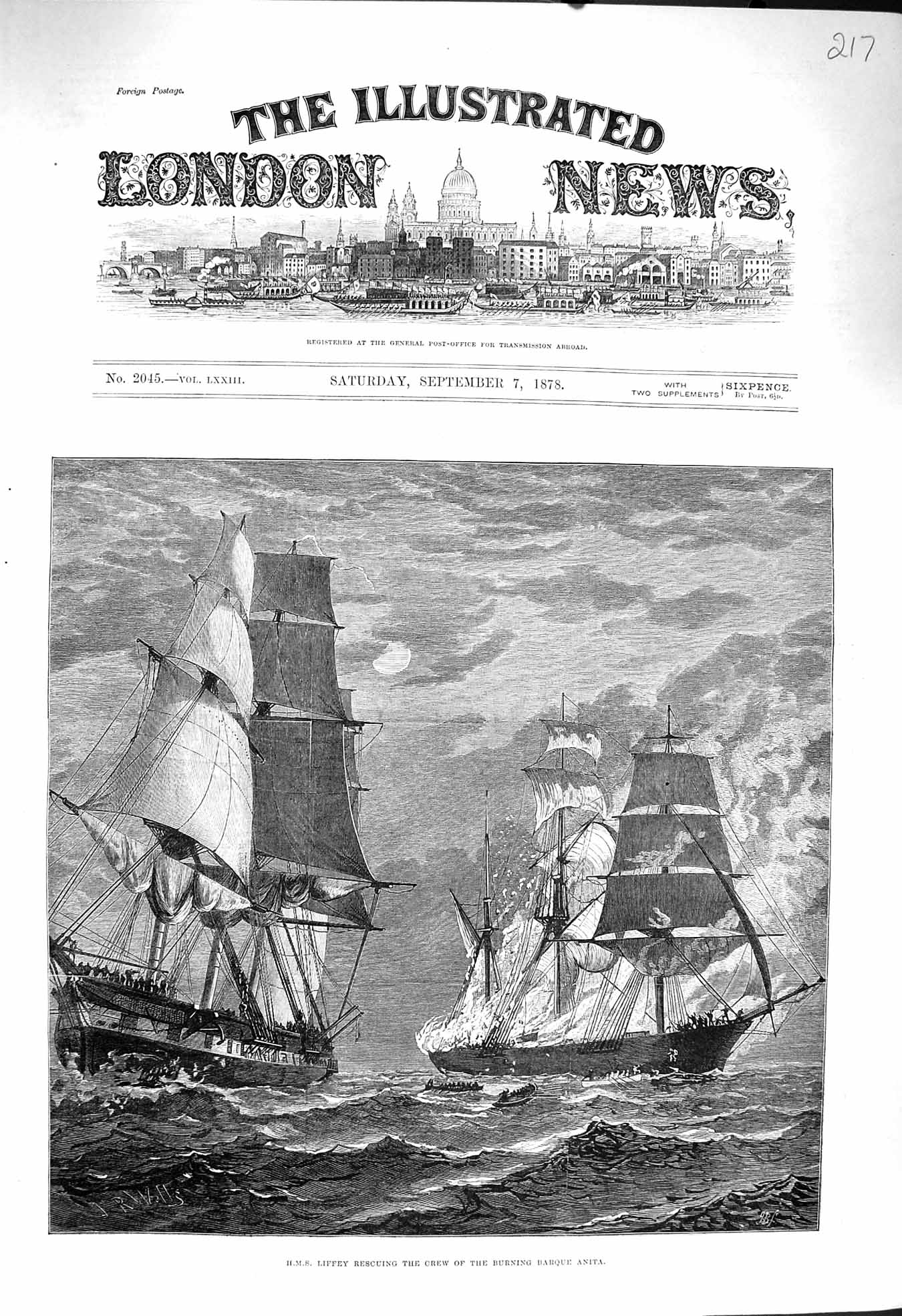 Original Old Antique Print 1878 Ship H.M.S. Liffey Rescue Burning Barque Anita