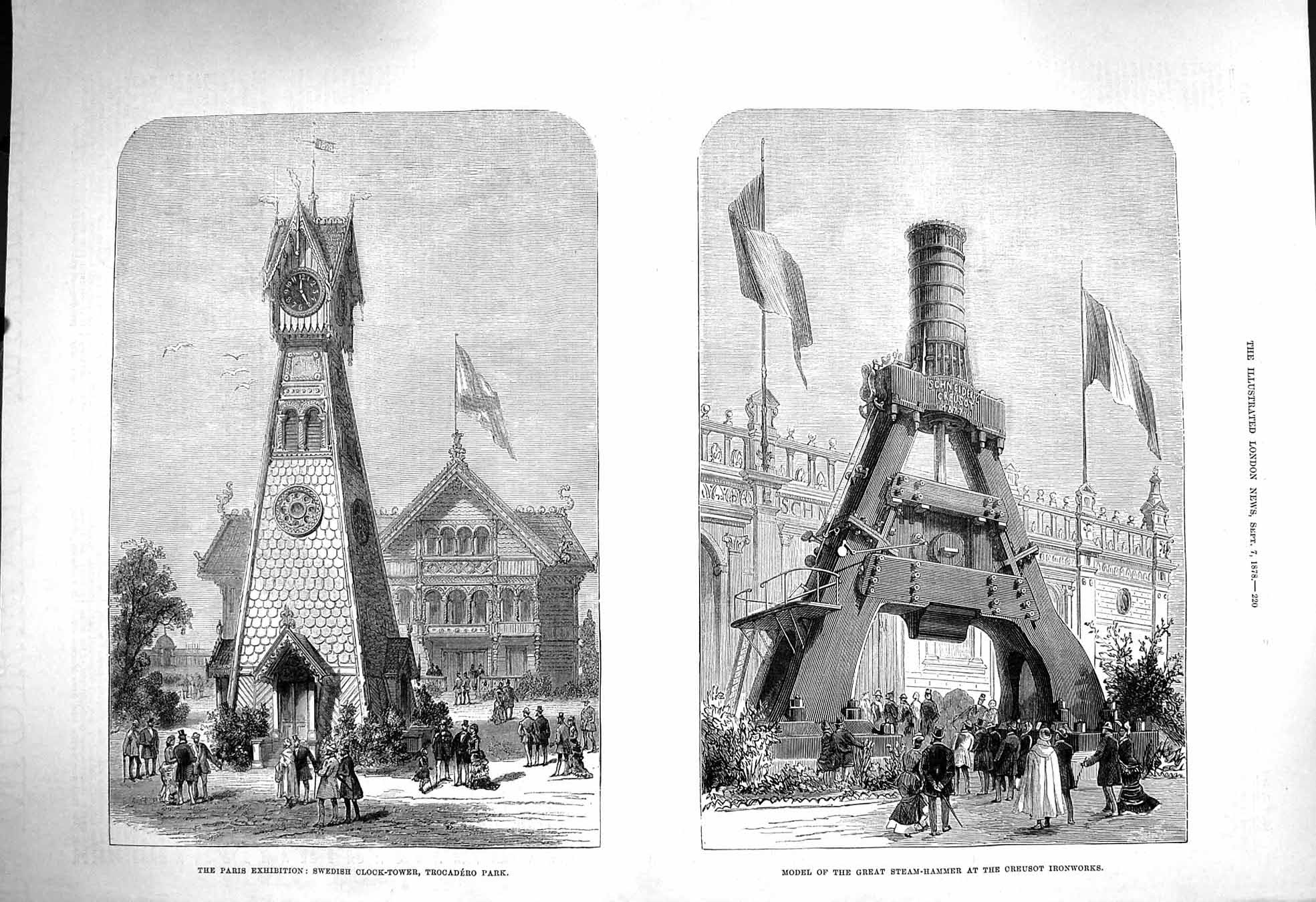 Original Old Antique Print 1878 Swedish Clock Tower Tocadero Creusot Ironworks