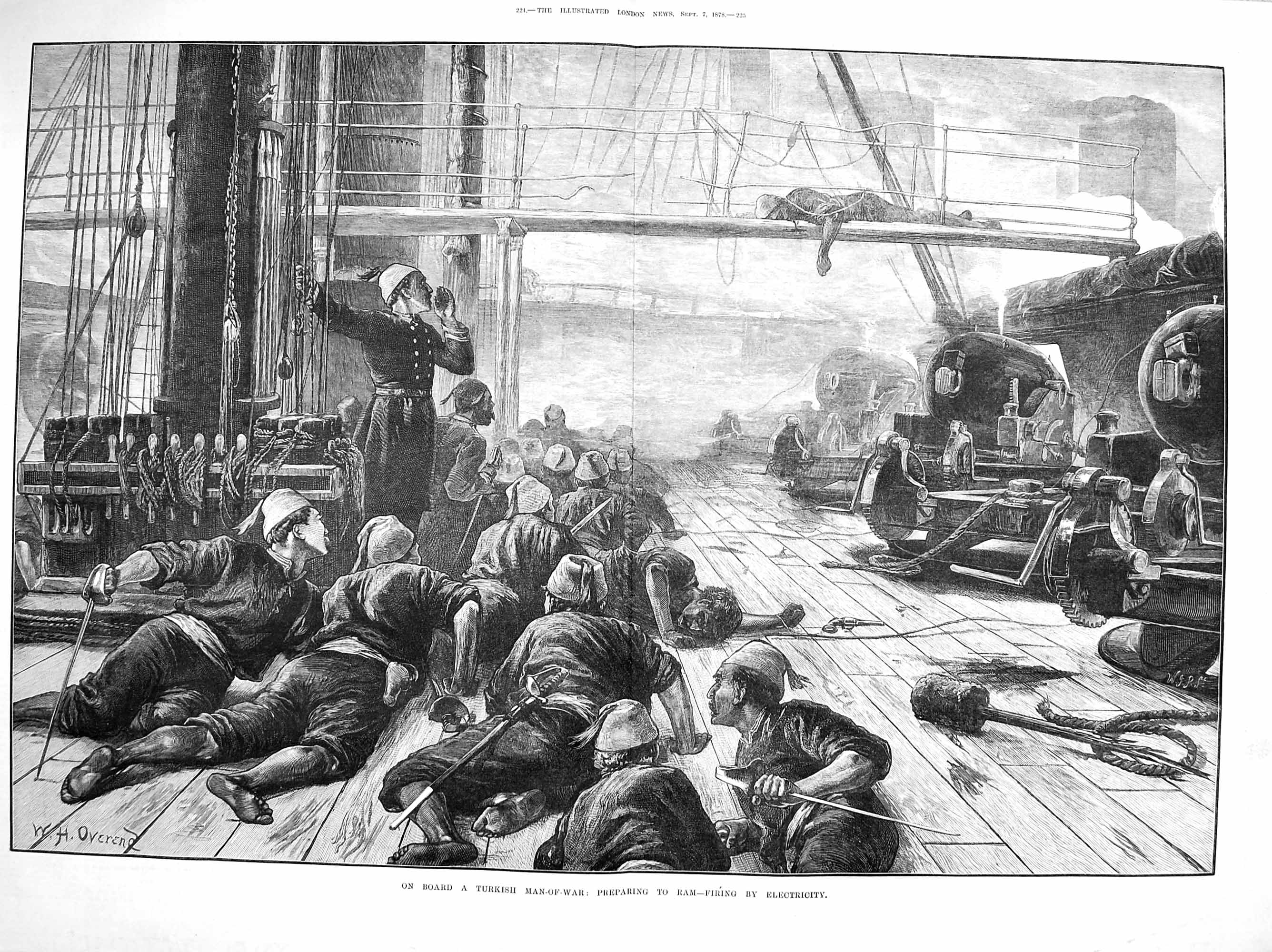 Antique Old Print 1878 Turkish Man-Of-War Ship Scene Preparing Ram Firing 19th