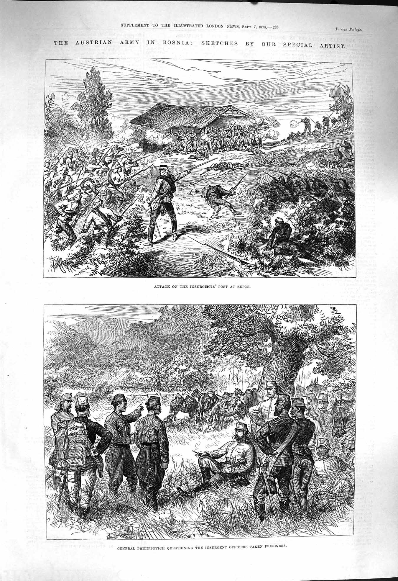 Old Antique Print 1878 Bosnia Insurgents Post Zepce General Philippovich 19th