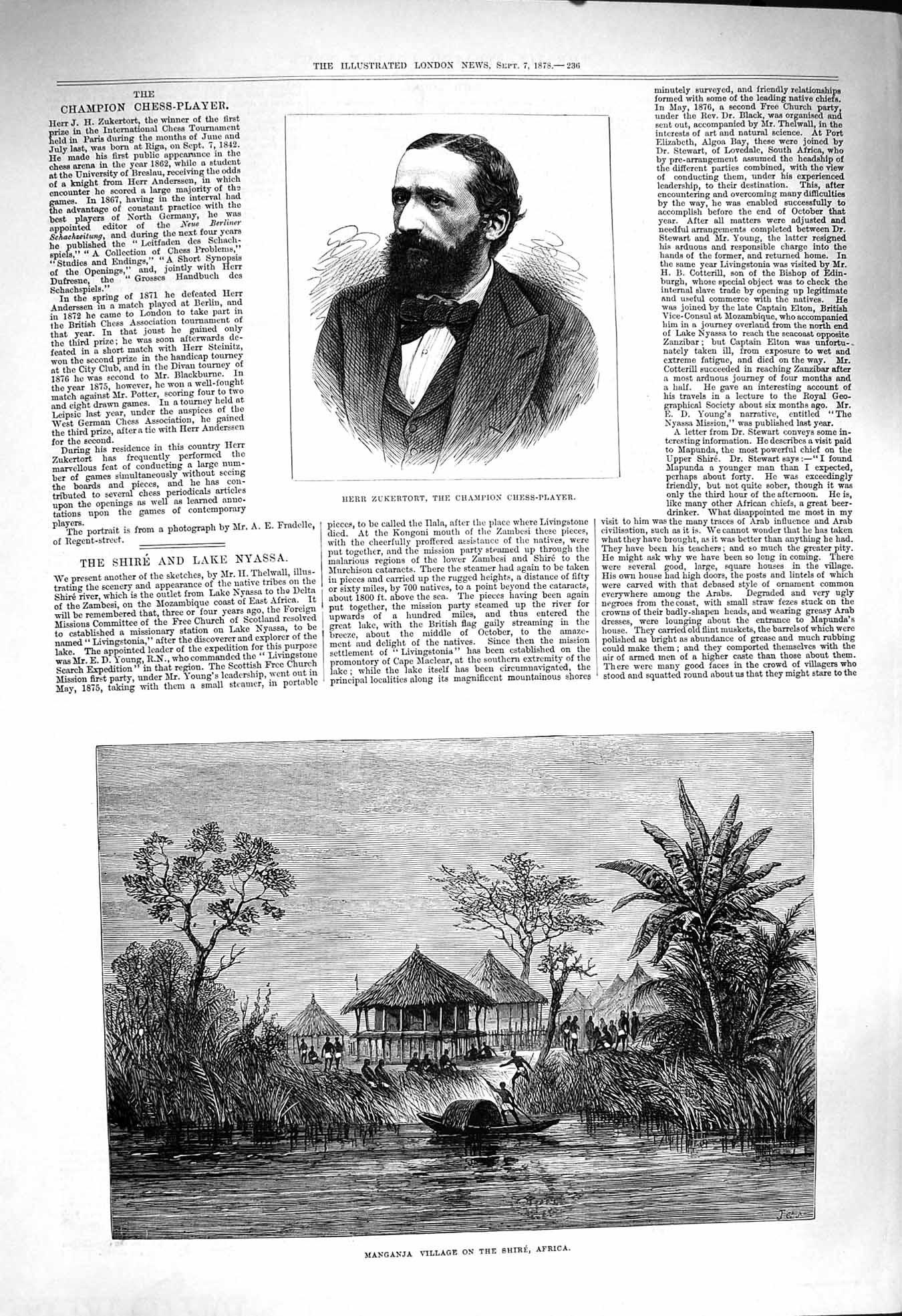 Old Antique Print 1878 Herr Zukertort Chess Player Manganja Africa Shire 19th
