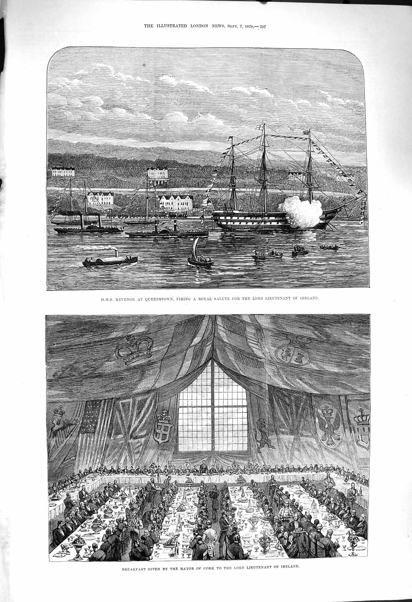 Old Antique Print 1878 Ship Revenge Queenstown Ireland Mayor Cork Dinner 19th