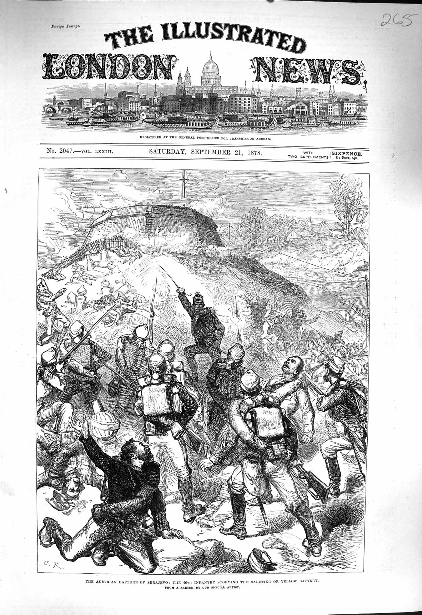 Original Old Antique Print 1878 Austrian Capture Serajevo Siers Yellow Battery