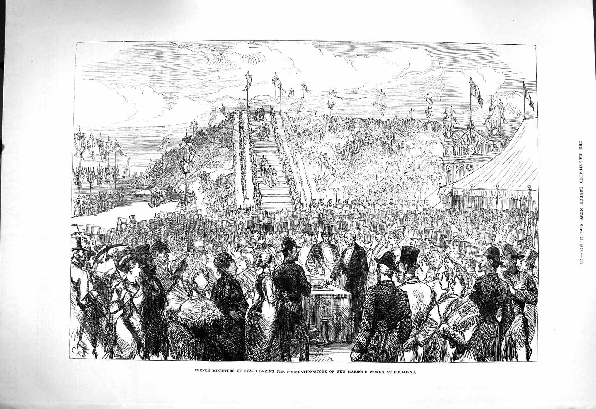Original Old Antique Print 1878 French Ministers State Harbour Works Boulogne