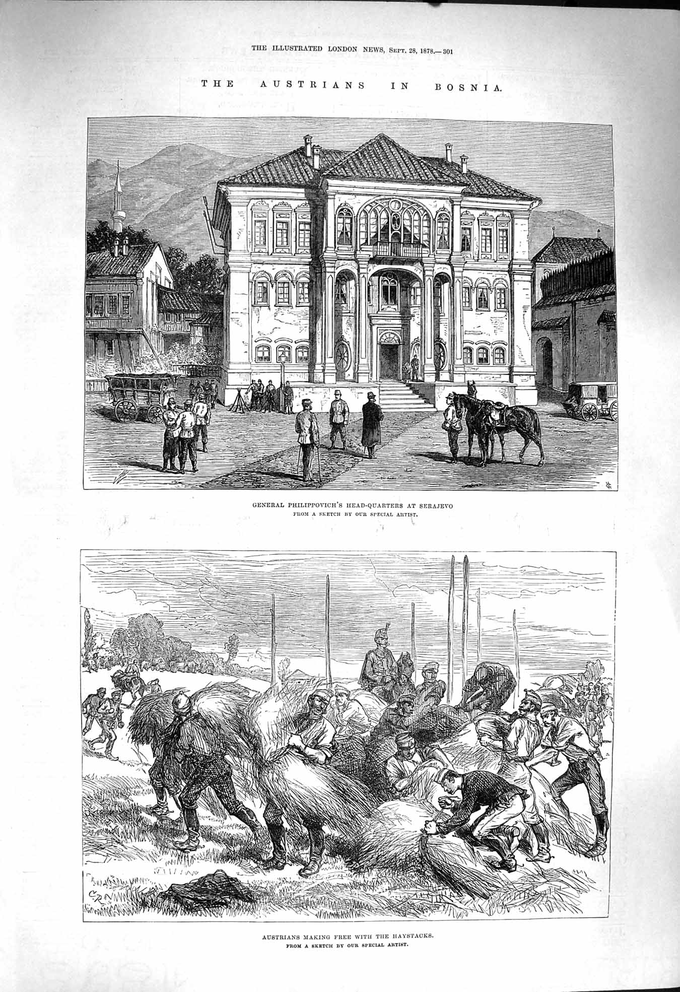 Old Antique Print 1878 Bosnia Philippovich Serajevo Austrians Haystacks 19th