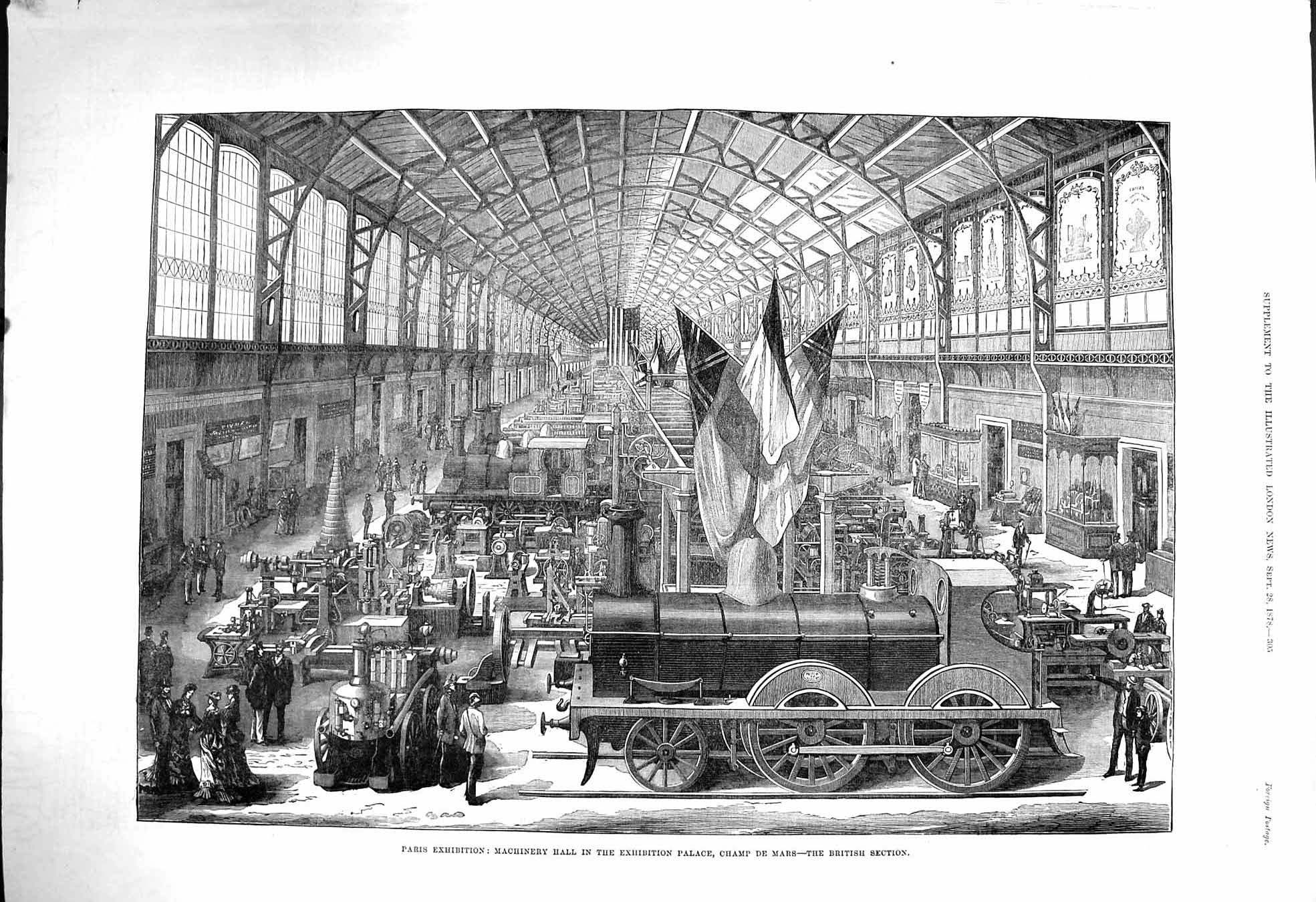 Original Old Antique Print 1878 Machinery Hall Exhibition Palace Champ De Mars