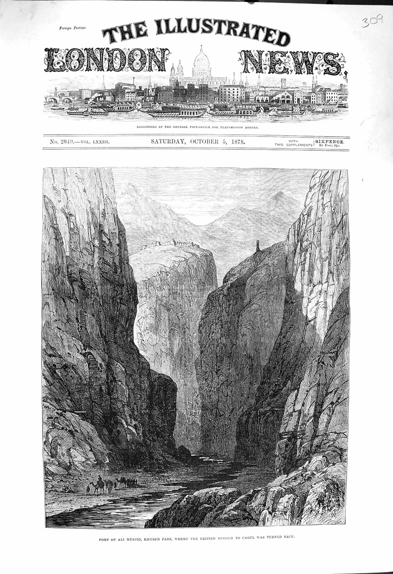 Old Antique Print 1878 Fort Ali Musjid Khyber Pass British Mission Cabul 19th