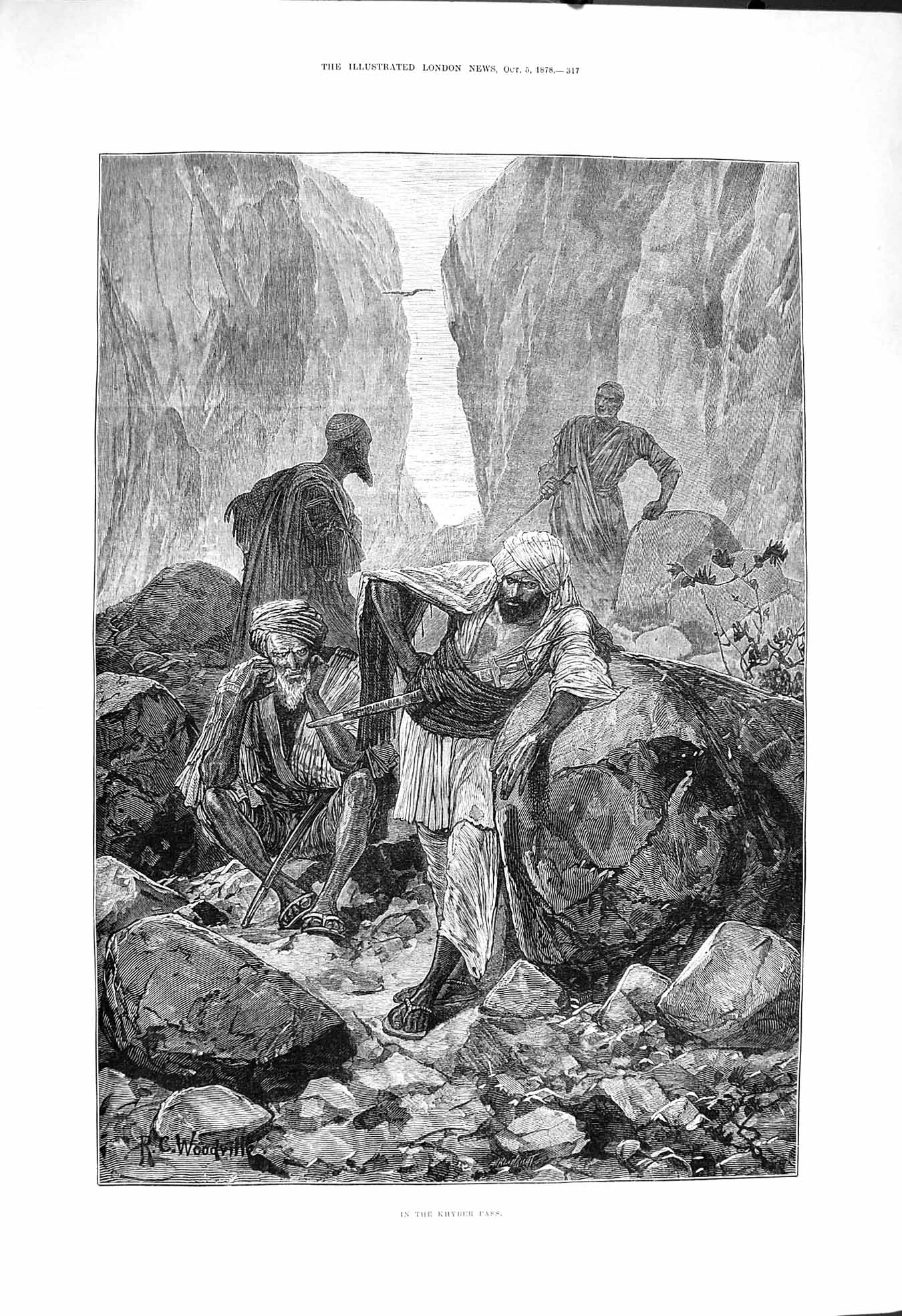 Old Antique Print 1878 Scene Khyber Pass Men Weapons Woodville Fine Art 19th