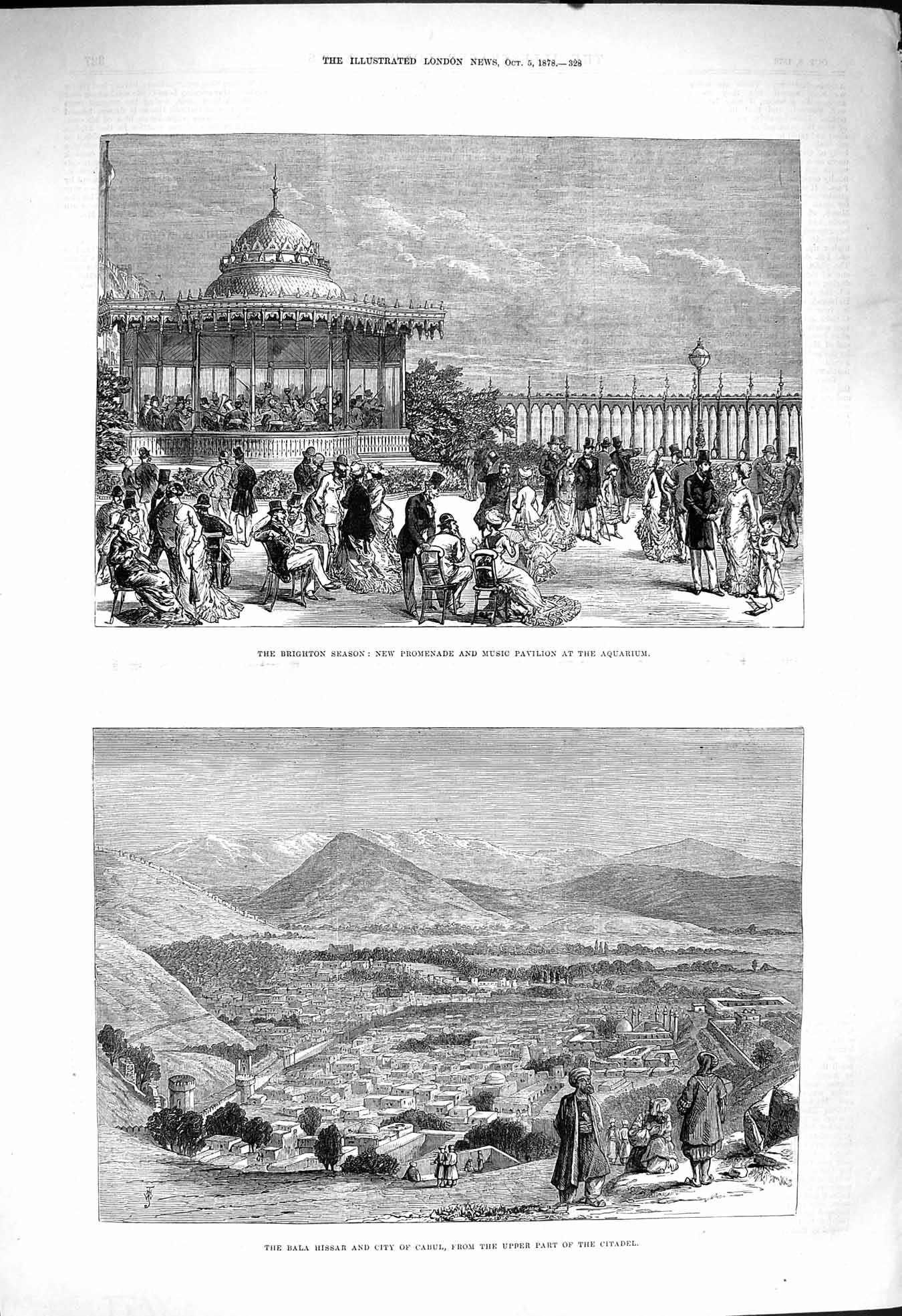 Original Old Antique Print 1878 Brighton Promenade Aquarium Bala Hissar Cabul