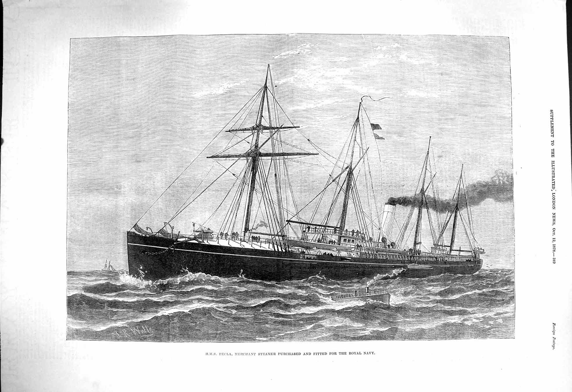 Original Old Antique Print 1878 Ship H.M.S. Hecla Merchant Steamer Royal Navy