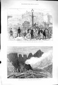 Original Old Antique Print 1878 Abolition Waterloo Bridge Crater Mount Vesuvius