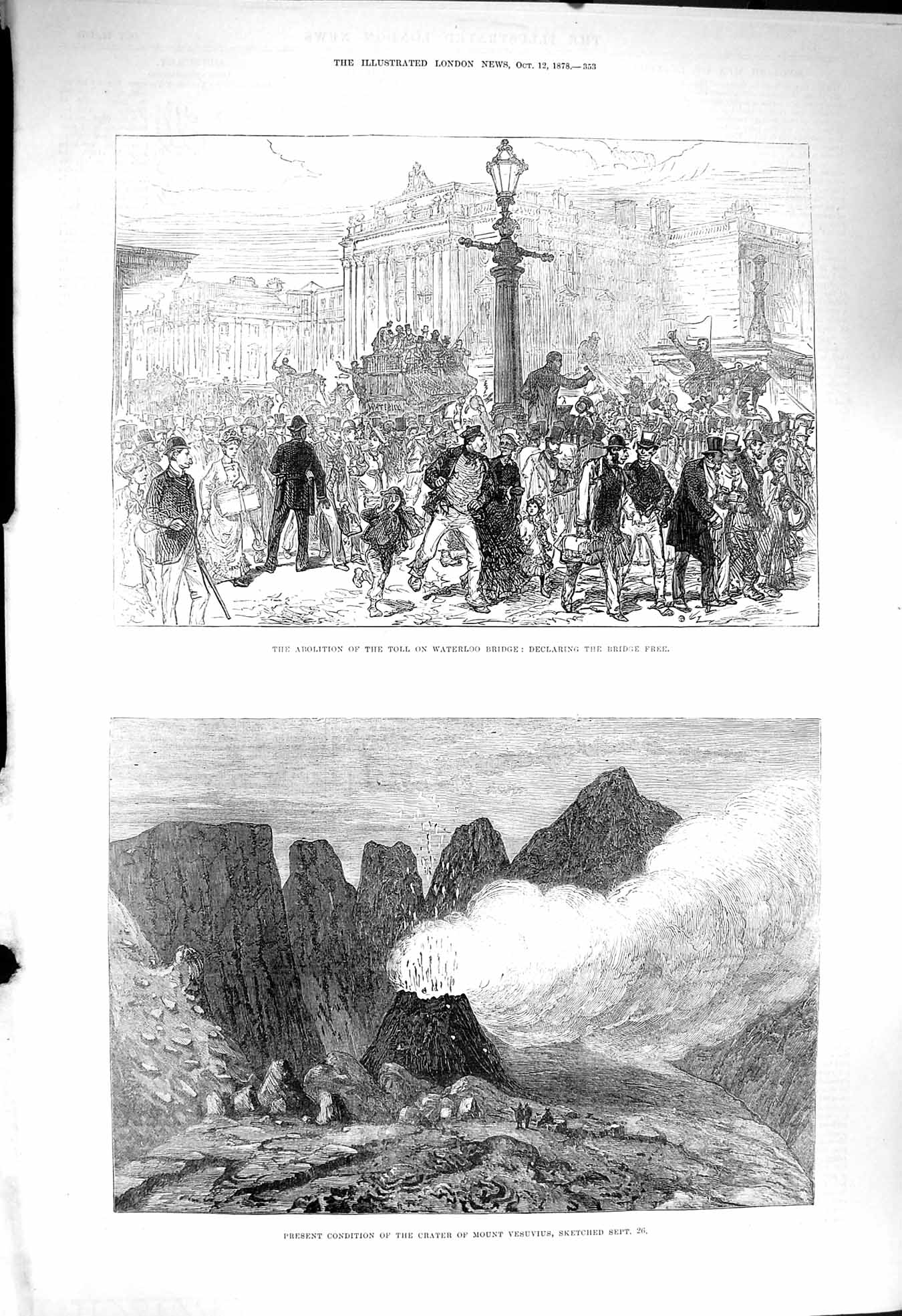 Original Old Antique Print 1878 Abolition Waterloo Bridge Crater Mount Vesuvius
