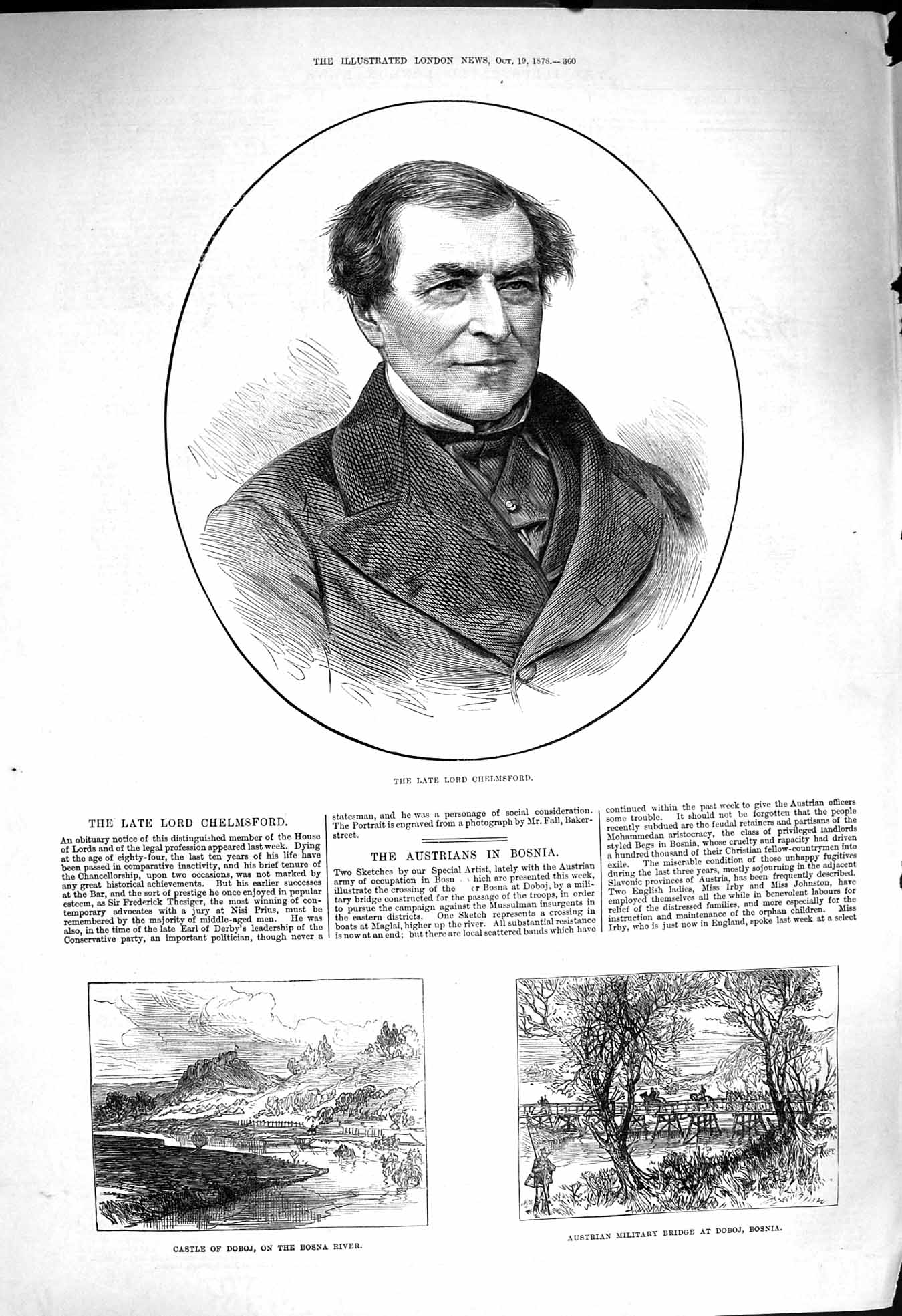 Original Old Antique Print 1878 Lord Chelmsford Castle Doboj Bosna River Bridge