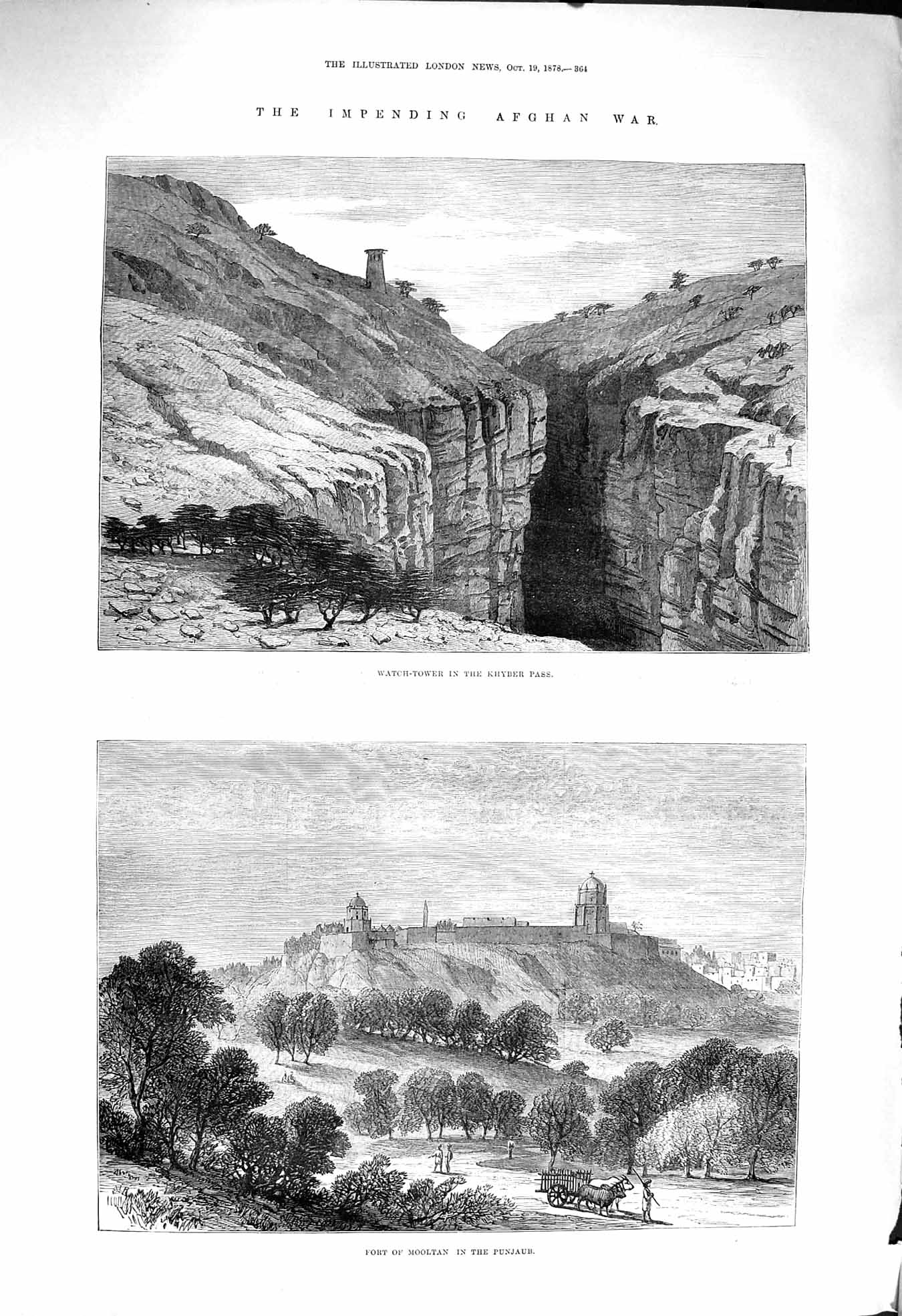 Original Old Antique Print 1878 Afghan War Watch-Tower Khyber Pass Fort Mooltan