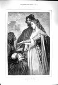 Old Antique Print 1878 Les Chatelains Portrait Romance Lady Begging Baby 19th
