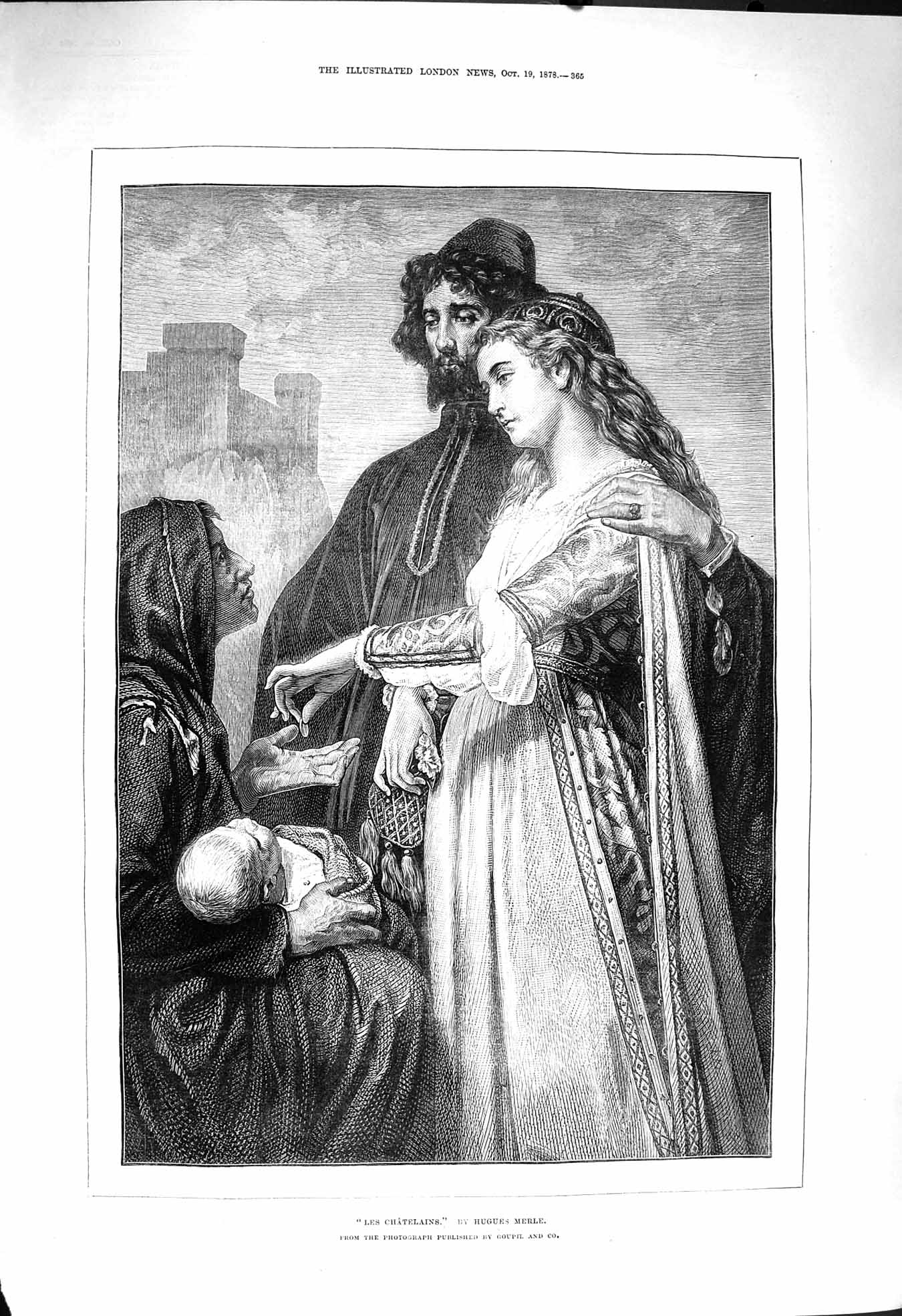 Old Antique Print 1878 Les Chatelains Portrait Romance Lady Begging Baby 19th