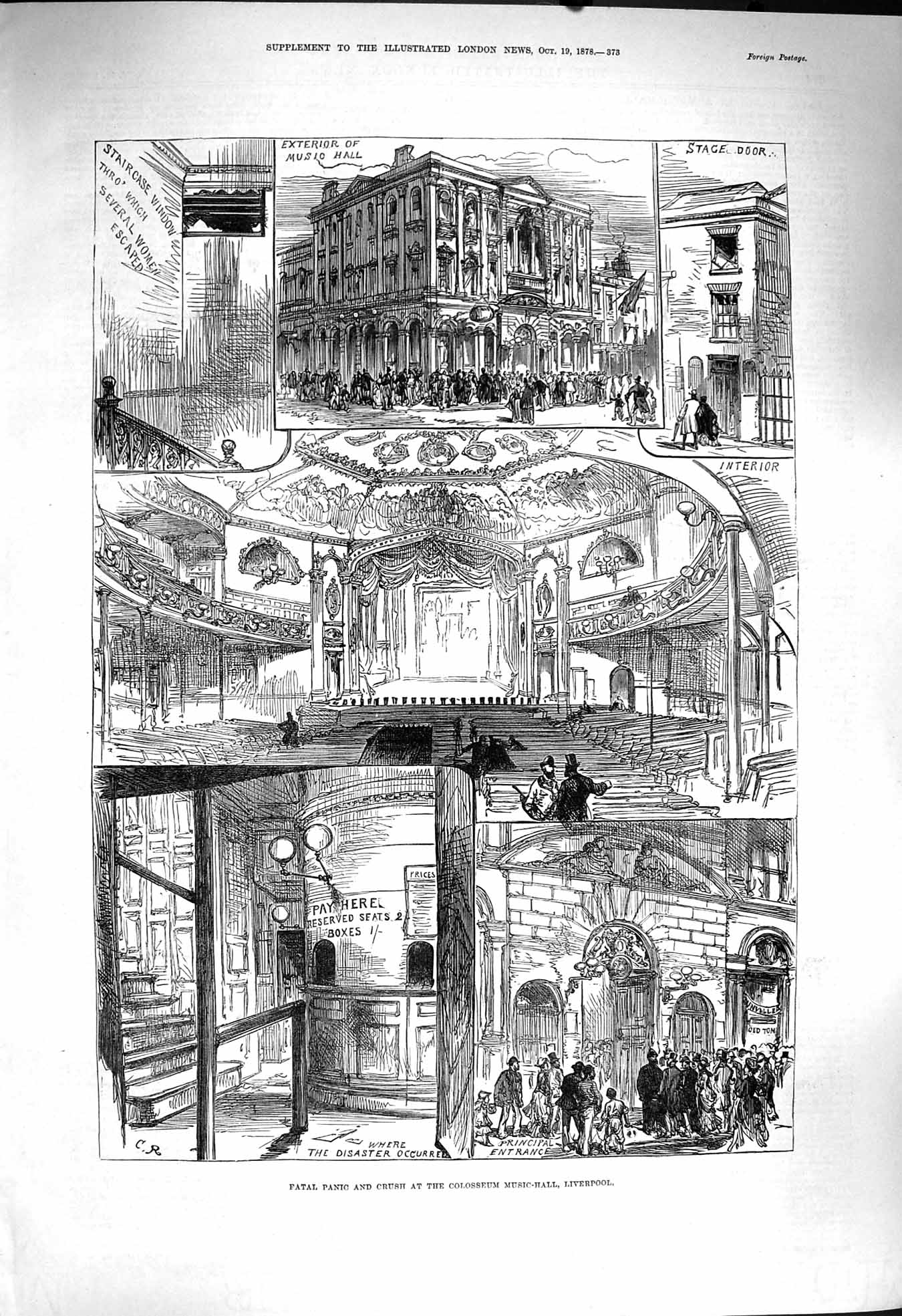 Antique Old Print *4036 1878 Fatal Panic Crush Colosseum Music Hall Liverpool