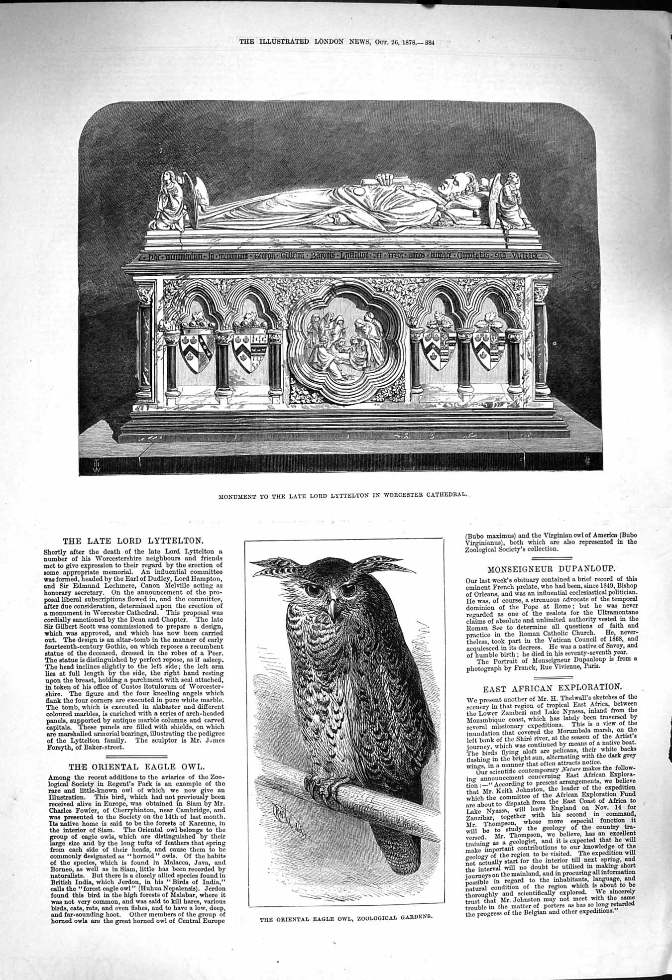 Original Old Antique Print 1878 Monument Lord Lyttelton Worcester Eagle Owl