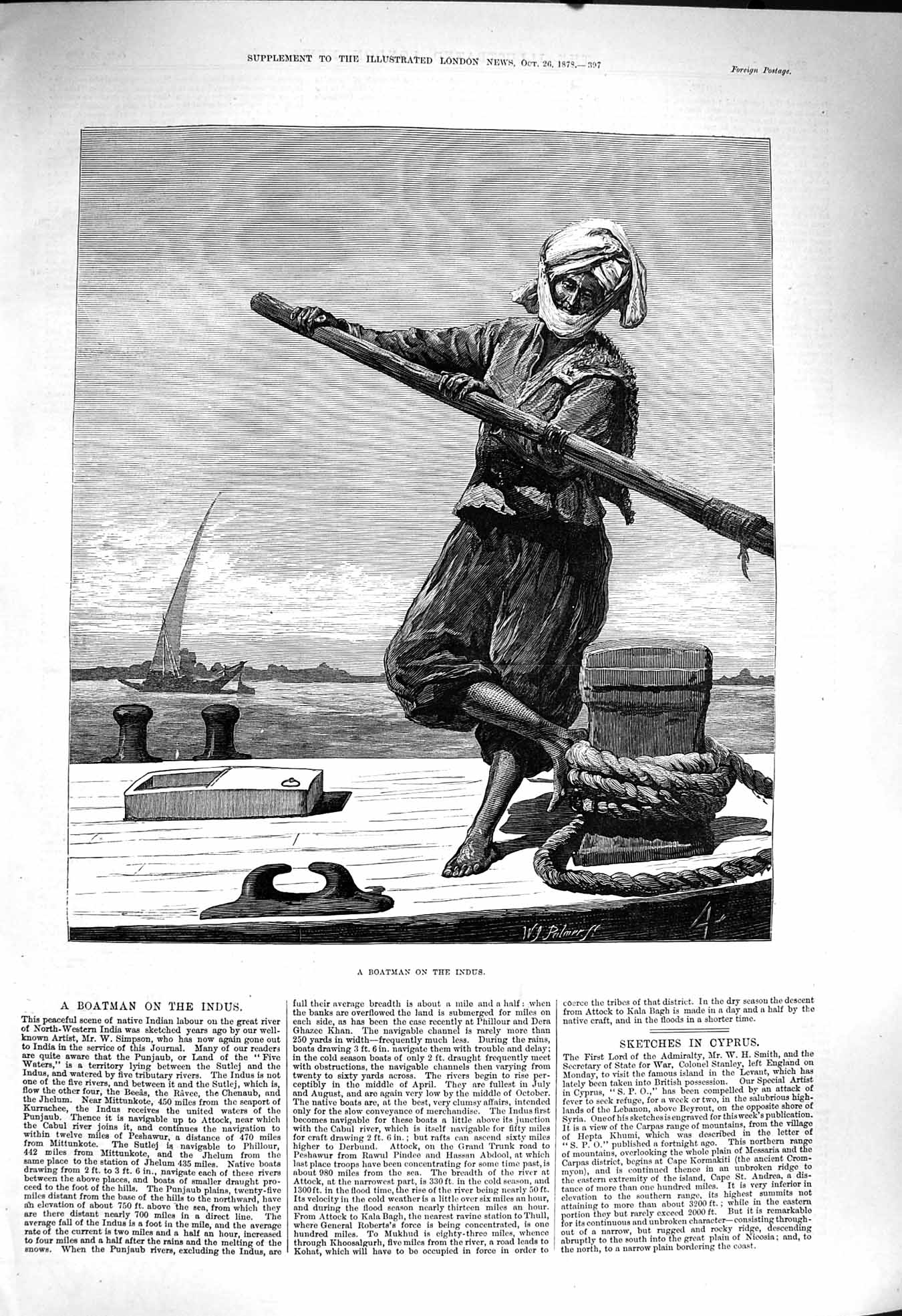 Original Old Antique Print 1878 Boatman River Indus India 19th