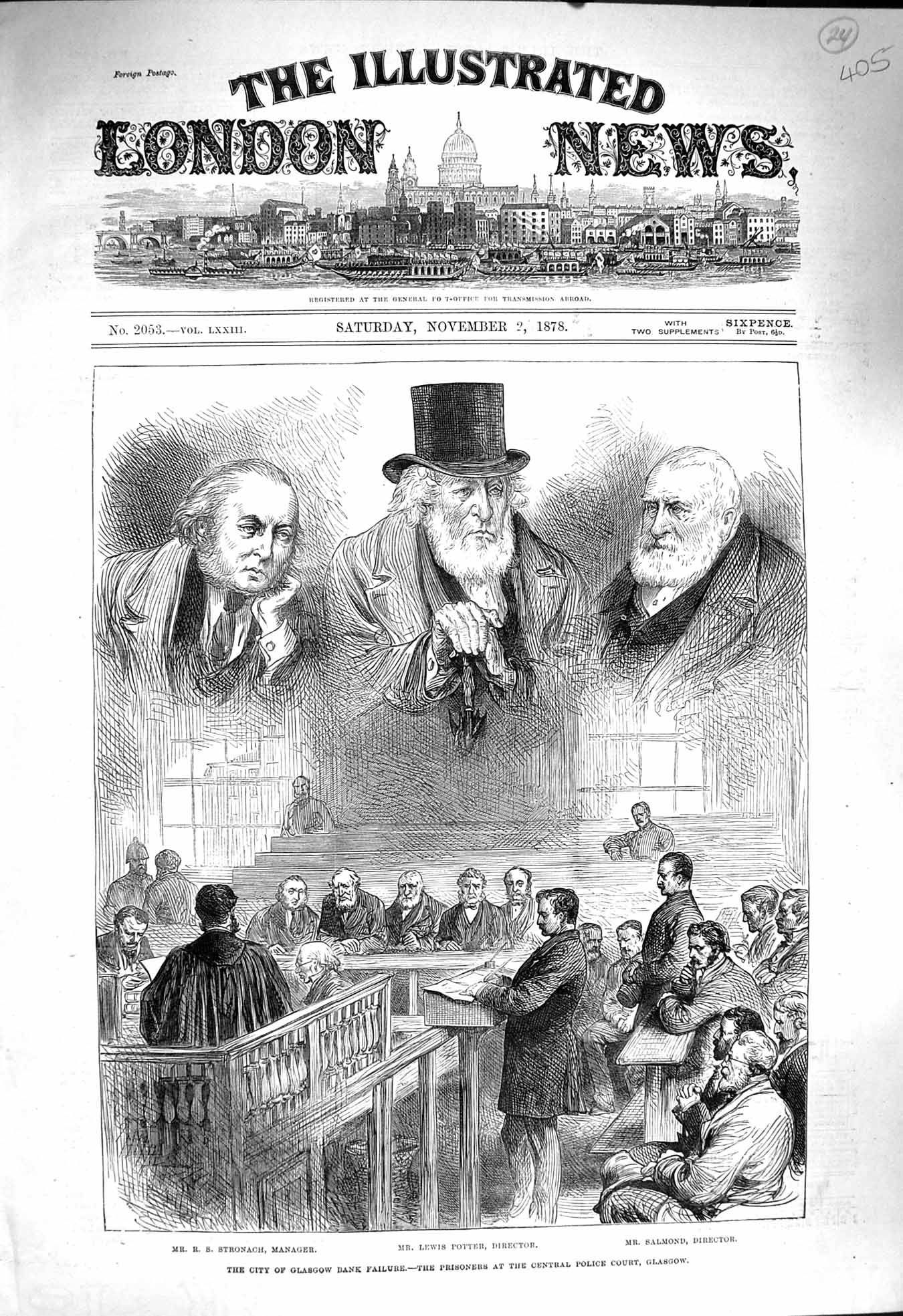 Old Antique Print 1878 Glasgow Bank Failure Police Court Stronach Potter 19th