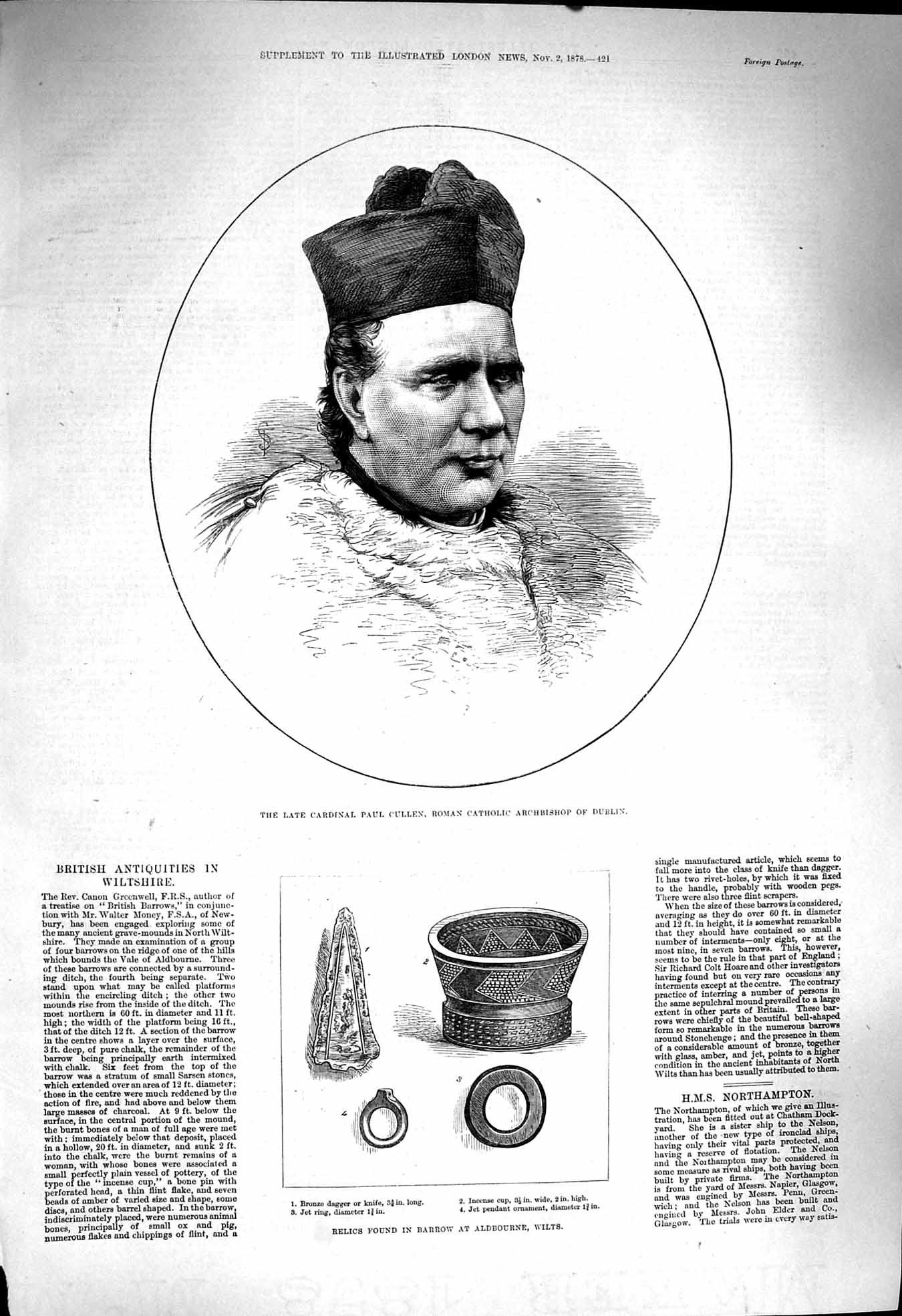 Old Antique Print 1878 Cardinal Pual Cullen Catholic Dublin Barrow Relics 19th