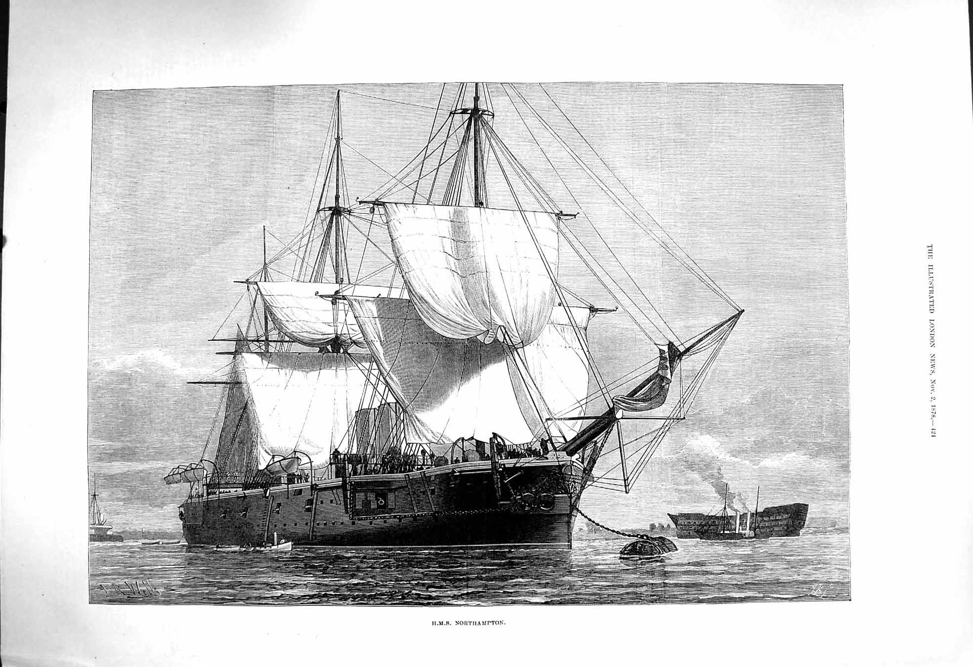 Original Old Antique Print 1878 Fine Art War Ship H.M.S. Northampton Victorian