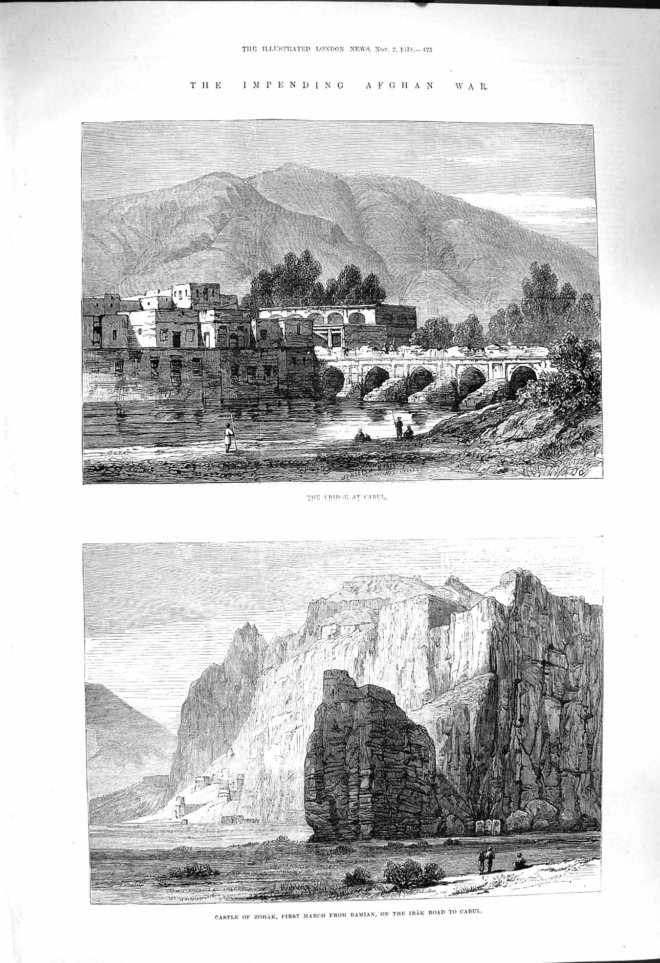 Old Antique Print 1878 Afghan War Bridge Cabul Castle Zohak Bamian Irak 19th