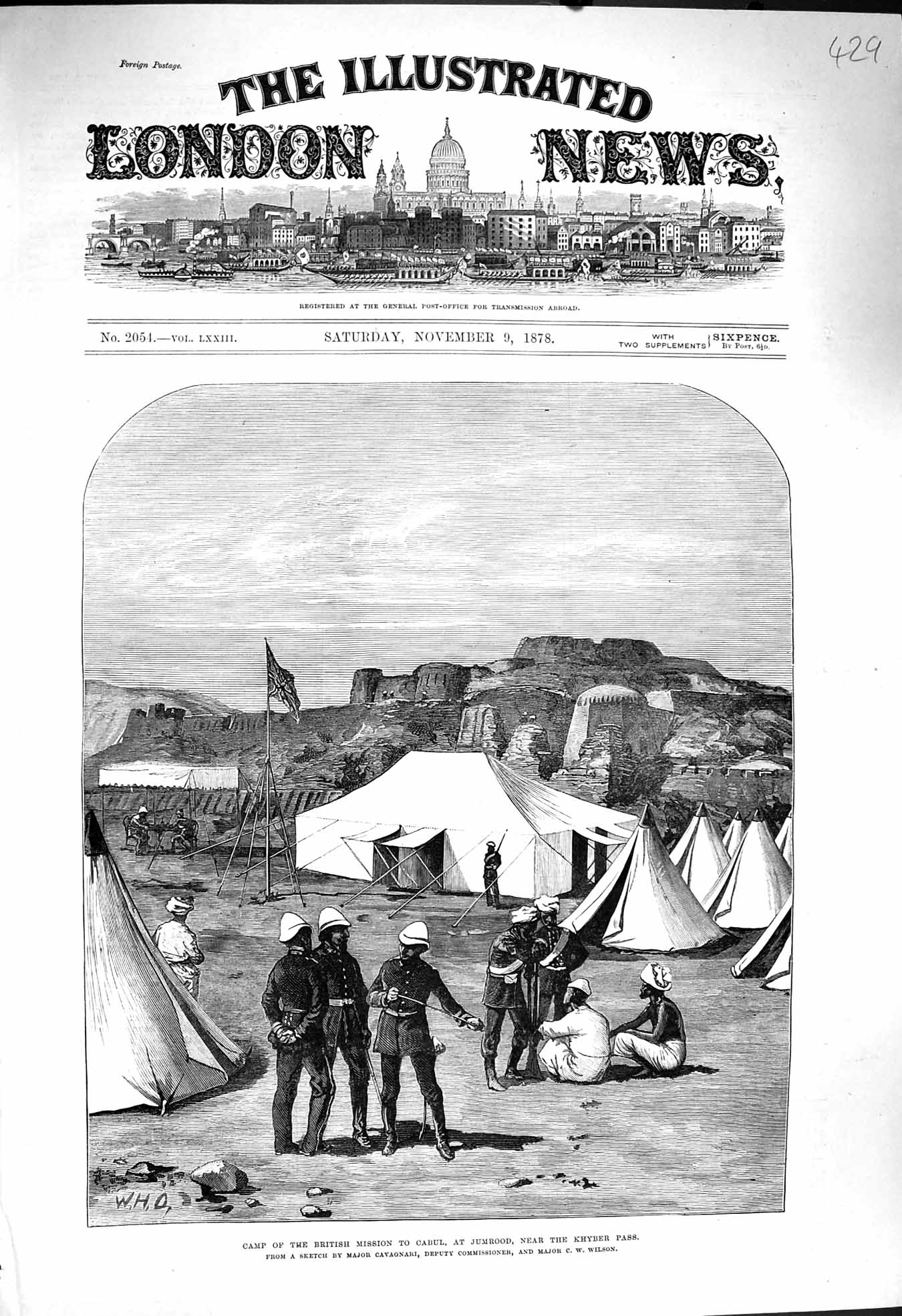 Original Old Antique Print 1878 Camp British Mission Cabul Jumrood Khyber Pass